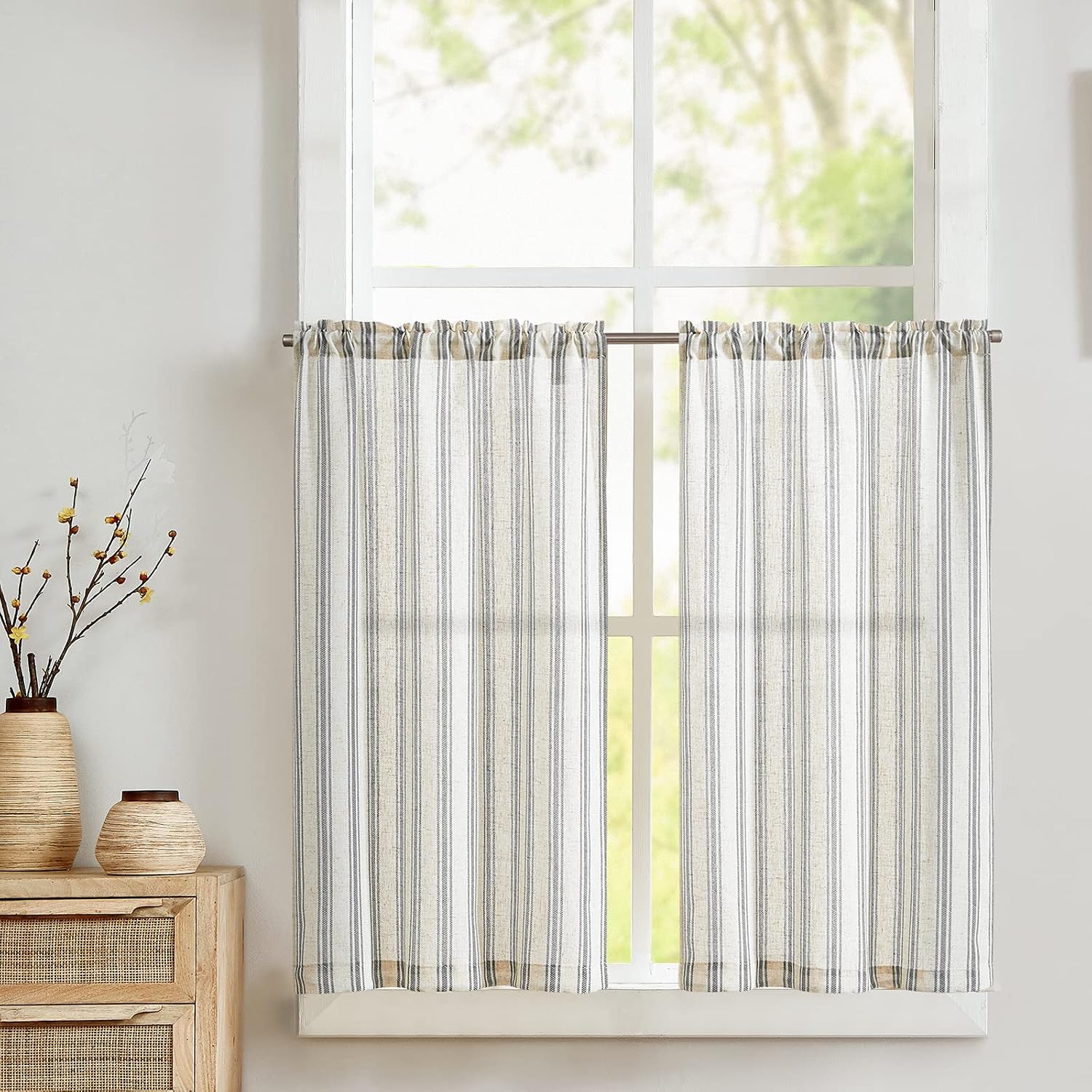 Detalle de Vangao Lot de 2 rideaux brise-bise à rayures aspect lin 65 x 90 cm avec passe-tringle