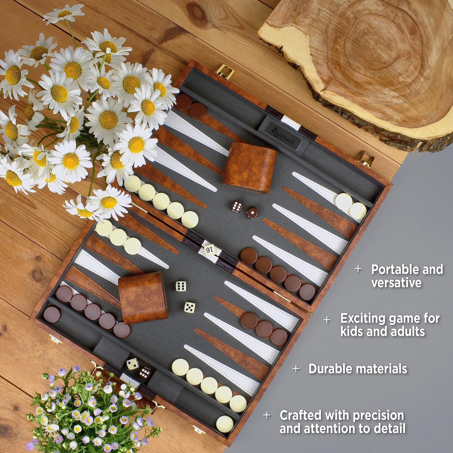 Detalle de Large Backgammon Sets for Adults (15-inch) in PU Leather Case — Classic 2-Player Board Game Gift