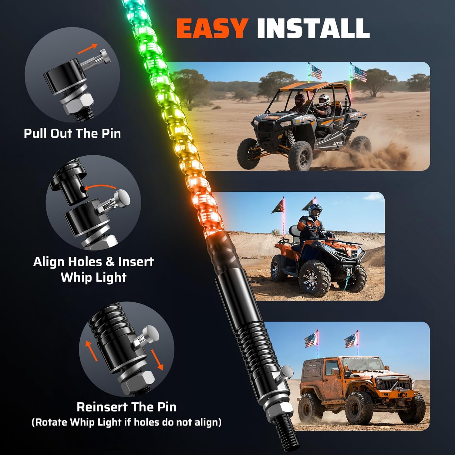 Detalle de Ehaho B-WPL-3FT2 3-Foot RGB LED Whip Lights, 2-Pack with App and Remote