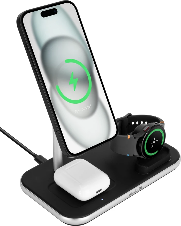 Detalle de BlueBuilt 3-in-1 kabelloses Ladegerät mit Qi2 (15 W) und Magner, schwarz