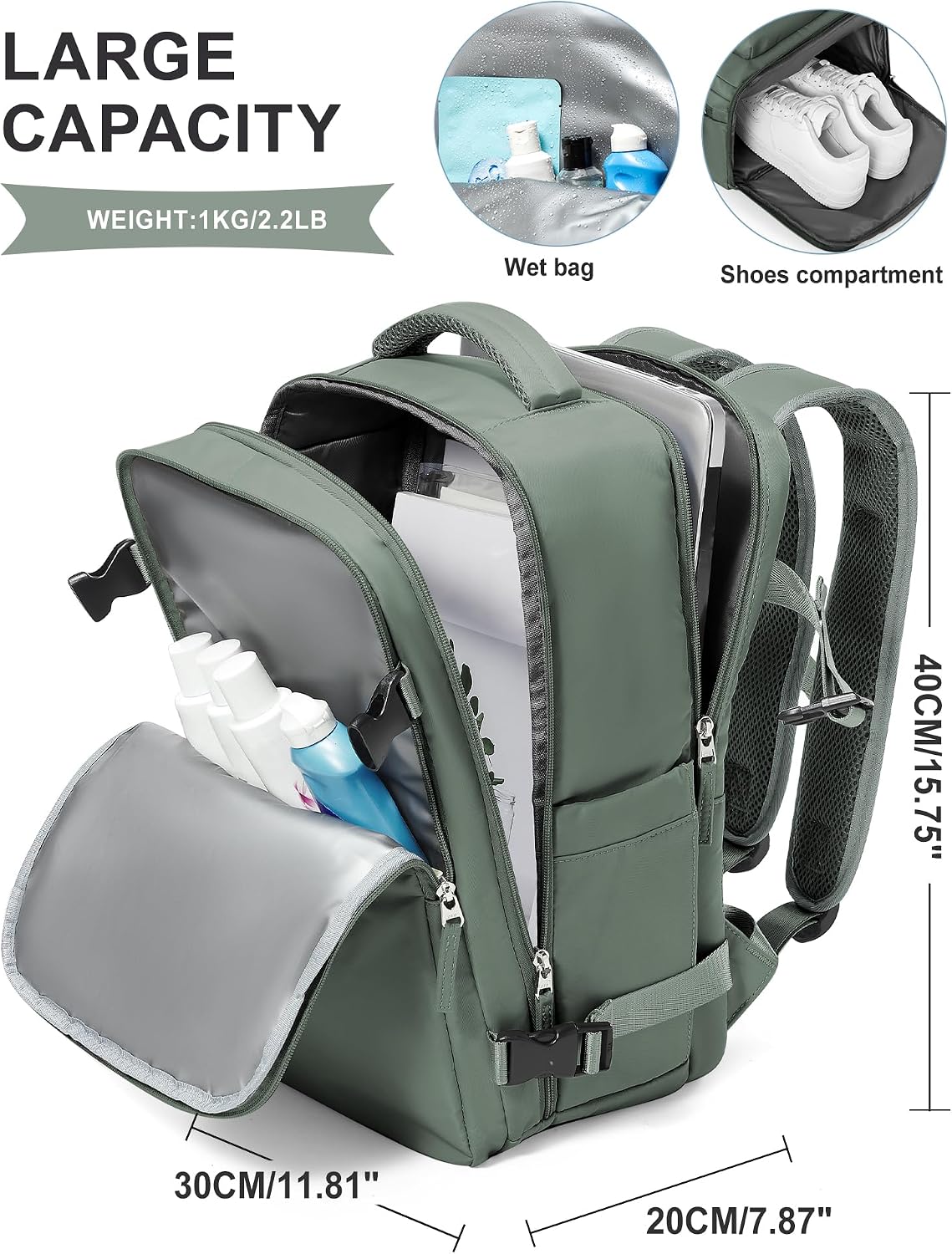 Detalle de SZLX Vakuum-Rucksack als Ryanair- & Wizz-Air-Handgepäck 40x30x20 mit Laptopfach und Schuhfach