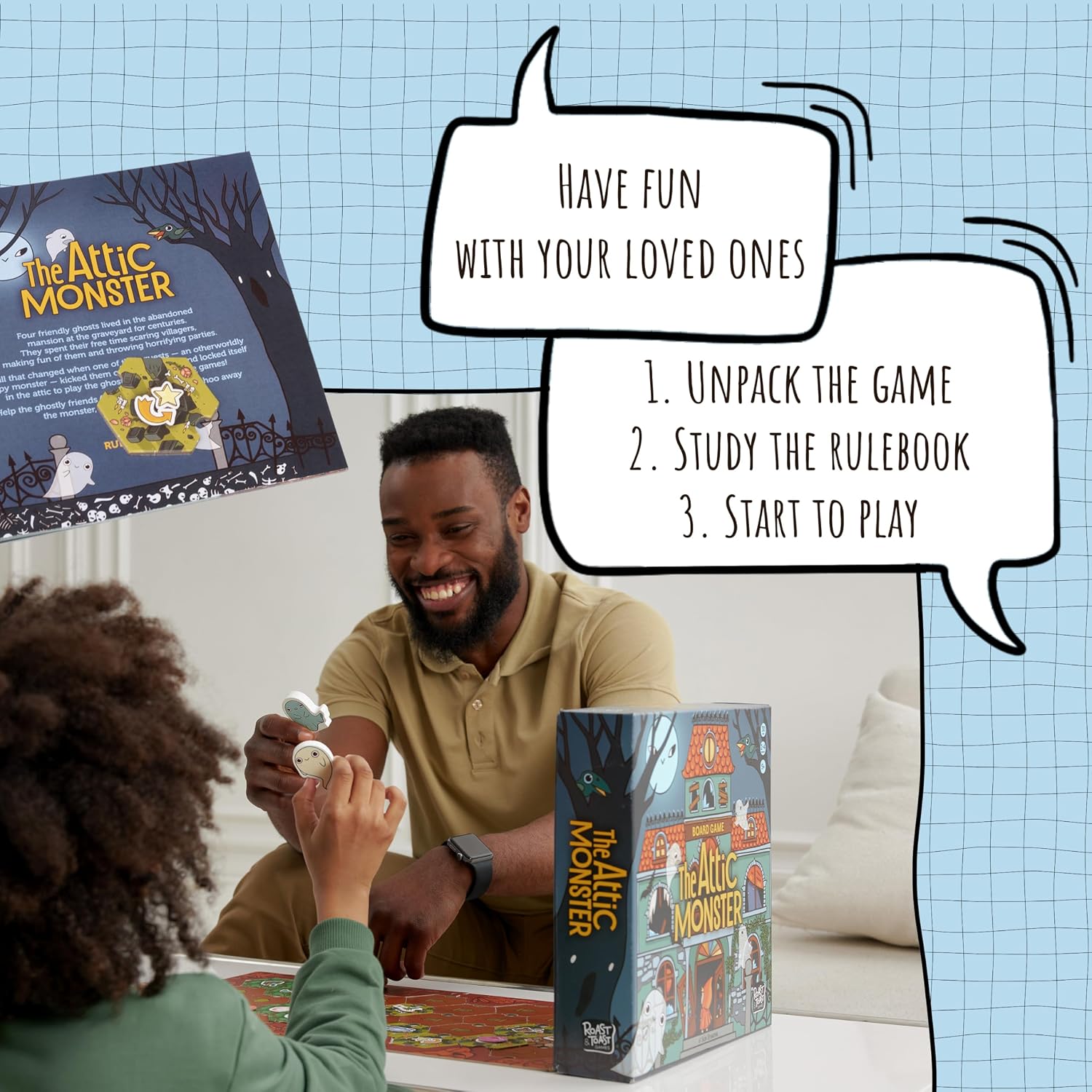 Detalle 1 de The Attic Monster cooperative family board game, ages 5+