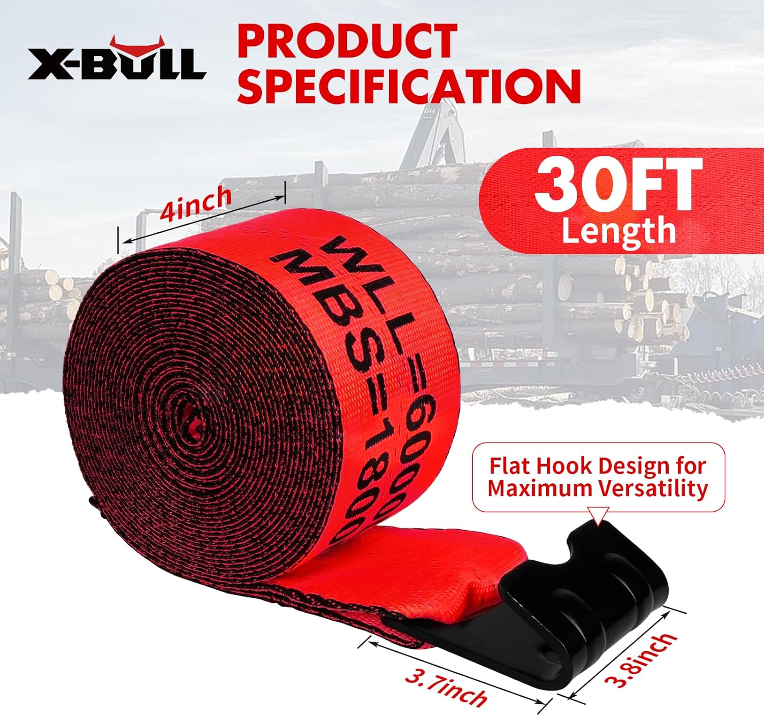Thumbnail 1 de X-BULL 4" x 30' Winch Straps (10 Pack) — 18,000 lbs Break Strength, 6,000 lbs WLL