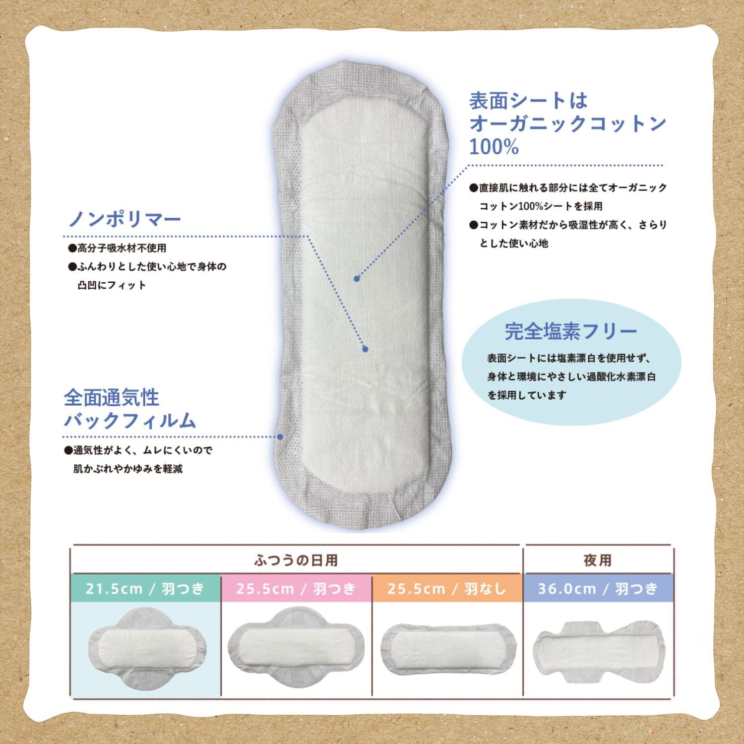 Detalle de cotton labo 4904740680316 オーガニックコットンナプキン 25.5cm 羽なし・64個入り