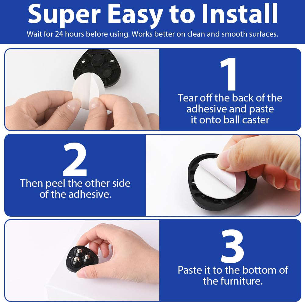 Detalle de OFFCUP V9-8PCS3L-BKWXL-FBA Mini Adhesive Swivel Castors, Black, 360°