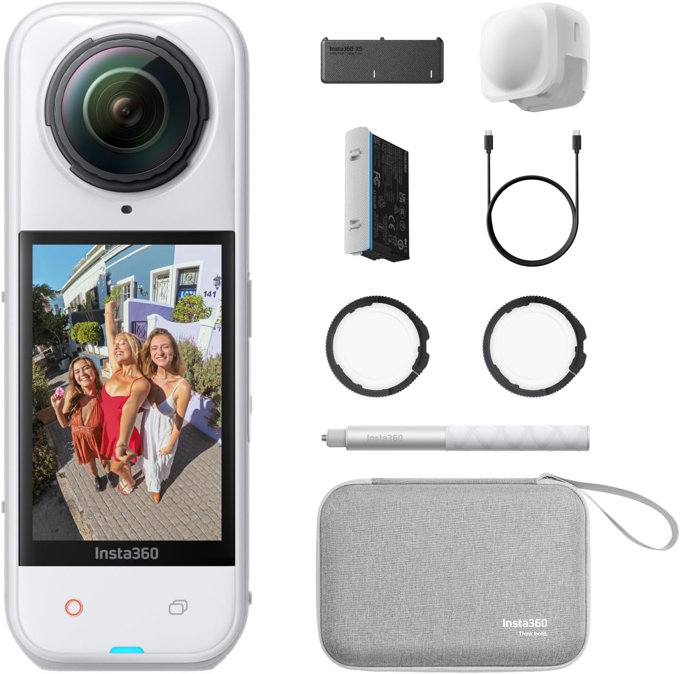 Detalle de Insta360 X5 Pack Essentiels Blanc satiné — caméra 360° 8K étanche avec perche invisible et audio amélioré