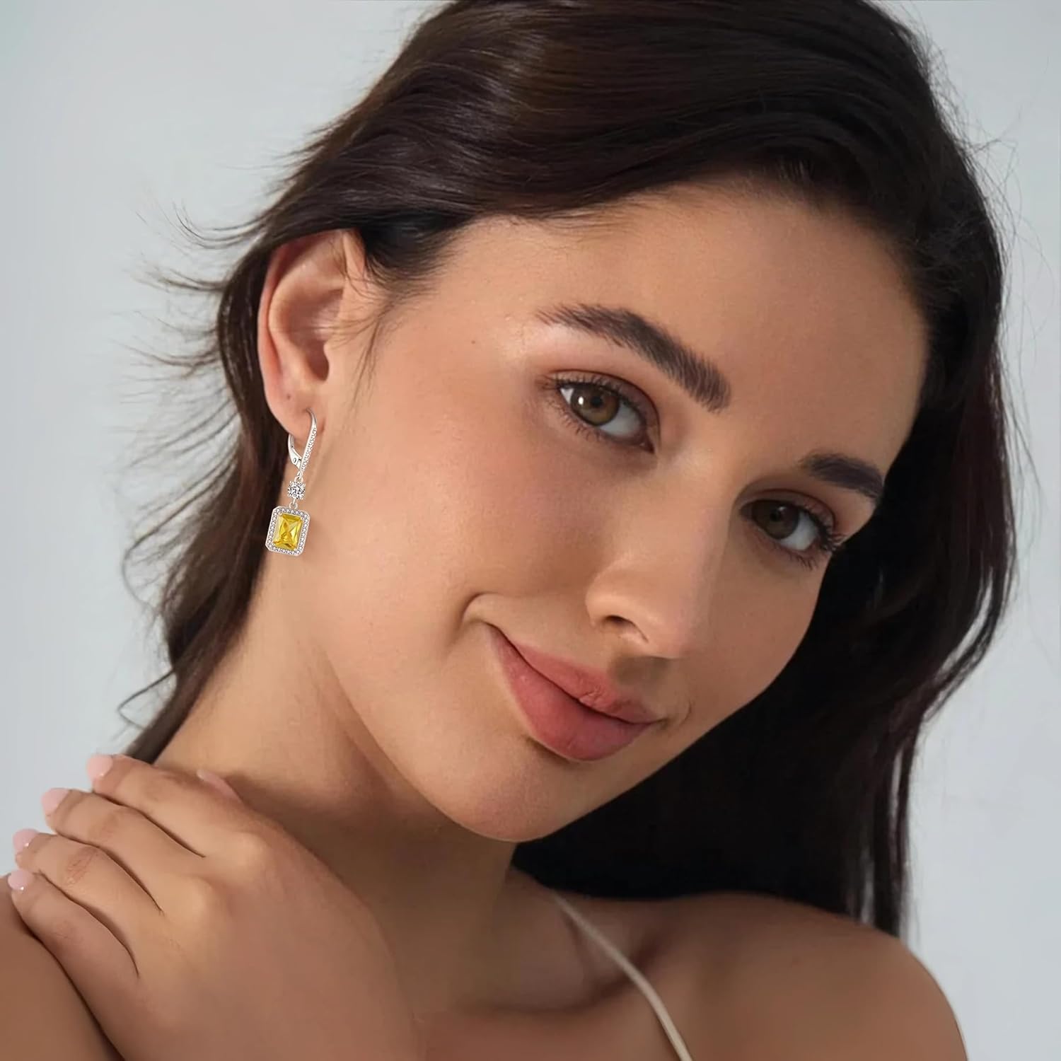 Thumbnail 2 de Rectangular Cut Dangle Drop Earrings in 925 Sterling Silver with Birthstone & Leverback Clasp
