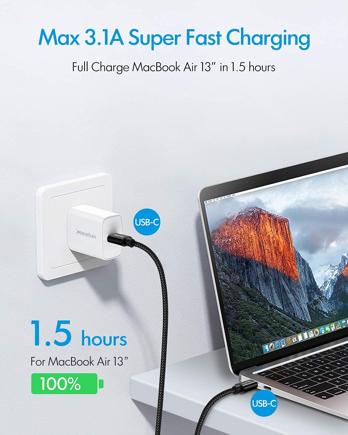 Detalle de CLEEFUN Long USB-C to USB-C Cable (3m, 2-Pack) with PD 60W Fast Charging
