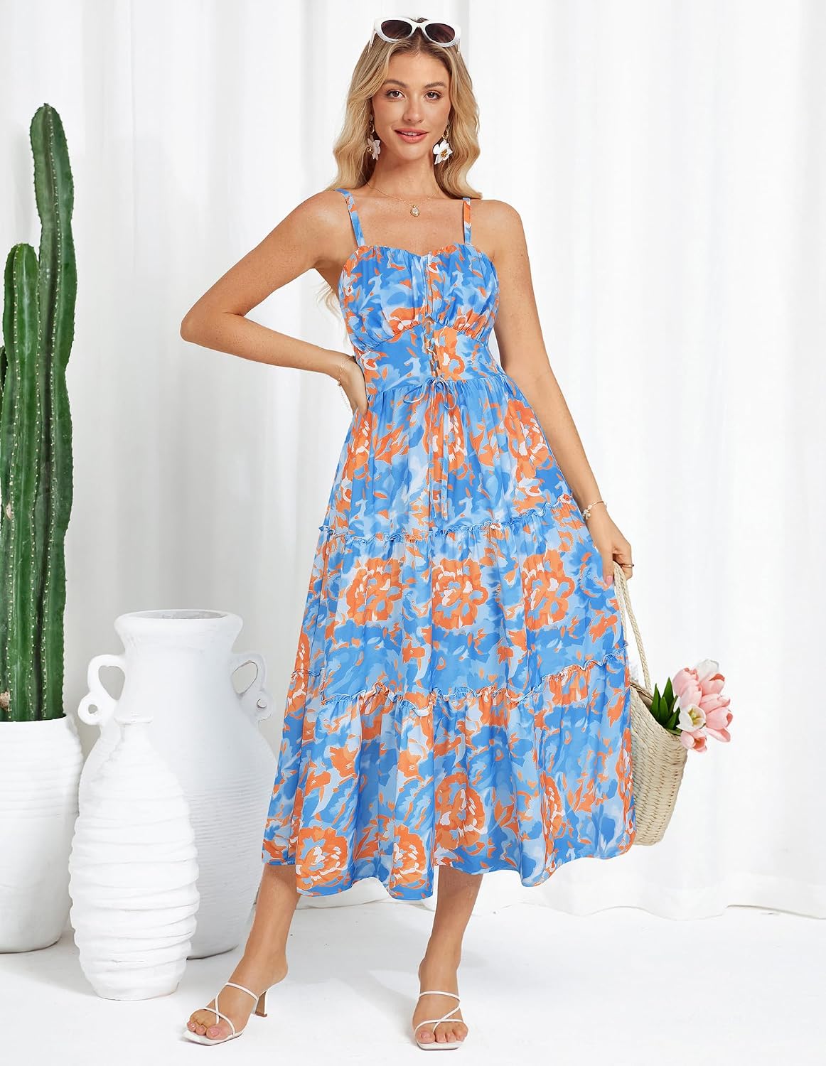 Detalle de GRACE KARIN Robe d'été pour Femme – robe florale A-Line à bretelles avec poches