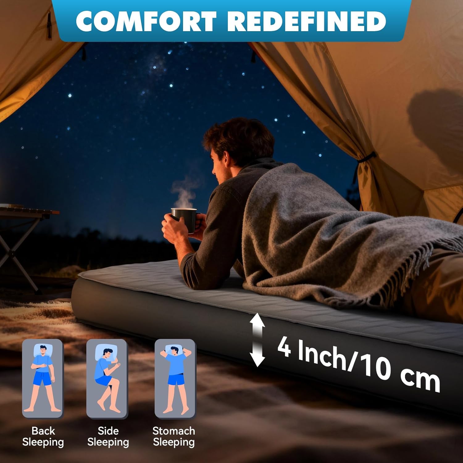 Thumbnail 3 de HIKENTURE Self-Inflating Sleeping Pad — 4" Thick, 9.5 R-Value, All-Season Camping Mat (Slate Grey, Single, 203x71x10cm)