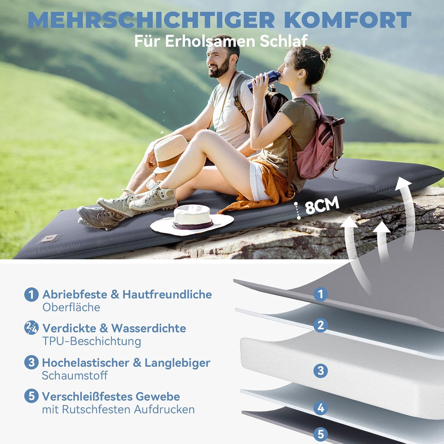 Thumbnail 4 de HIKENTURE Doppel-Selbstaufblasende Isomatte (8 cm) mit eingebauter Elektropumpe – 120 x 200 cm, B1