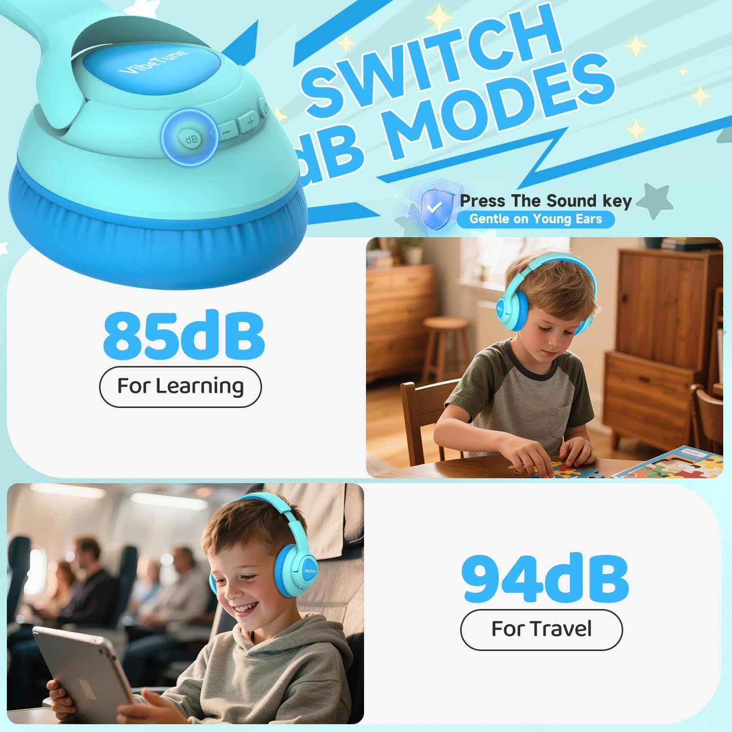 Thumbnail 4 de VibeTune Kids Bluetooth Headphones, 60H Playtime, Volume Limited 85/94dB, Bluetooth 5.4, Type-C Fast Charging, Foldable Wireless Headphones for Kids, Toddler Headsets with HD Mic (Blue Macaron)
VibeTune Kids Bluetooth Headphones, 60H Playtim…