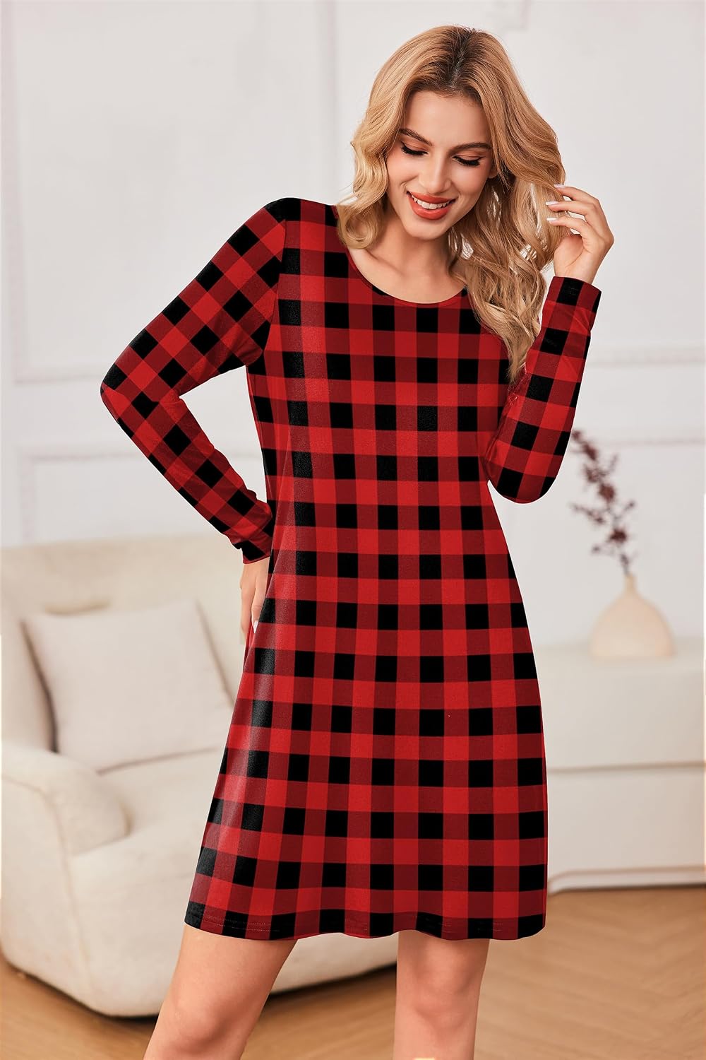 Detalle de Ekouaer 3-Pack Women's Long-Sleeve Nightgowns, Soft Stretch Sleep Shirts