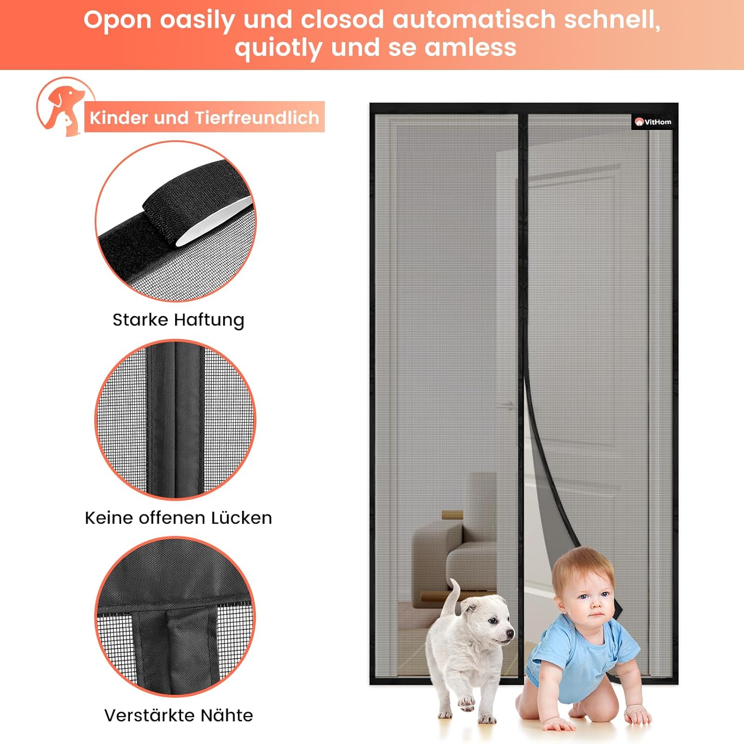 Thumbnail 4 de Flammhemmend Fliegengitter Balkontür Magnet (Glasfasermaterial) 95×200 cm – ohne Bohren, Schwarz