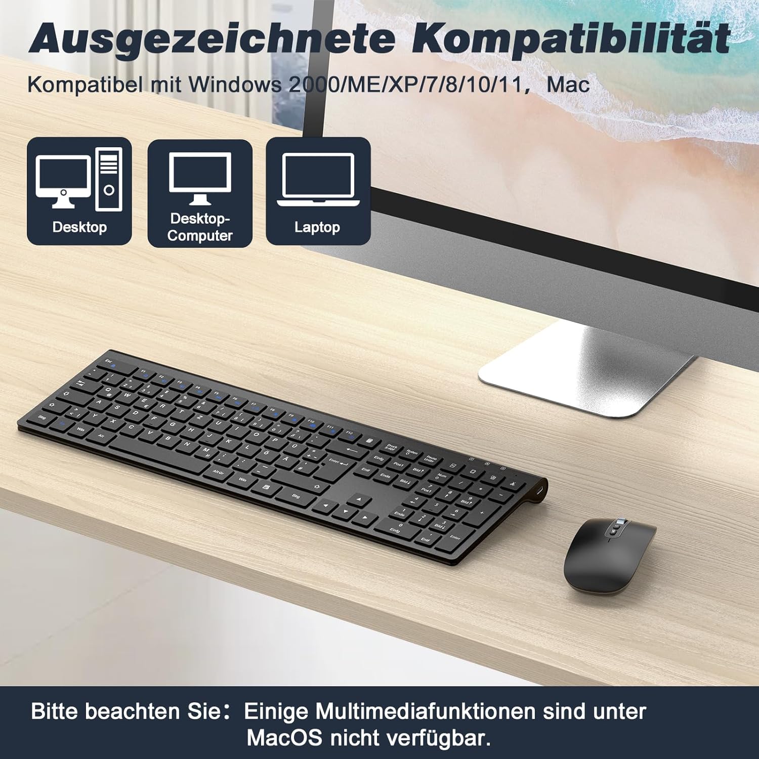 Thumbnail 6 de cimetech Tastatur-Maus-Set kabellos (ultradünn, wiederaufladbar) mit QWERTZ-Layout für Windows & mehr – Schwarz