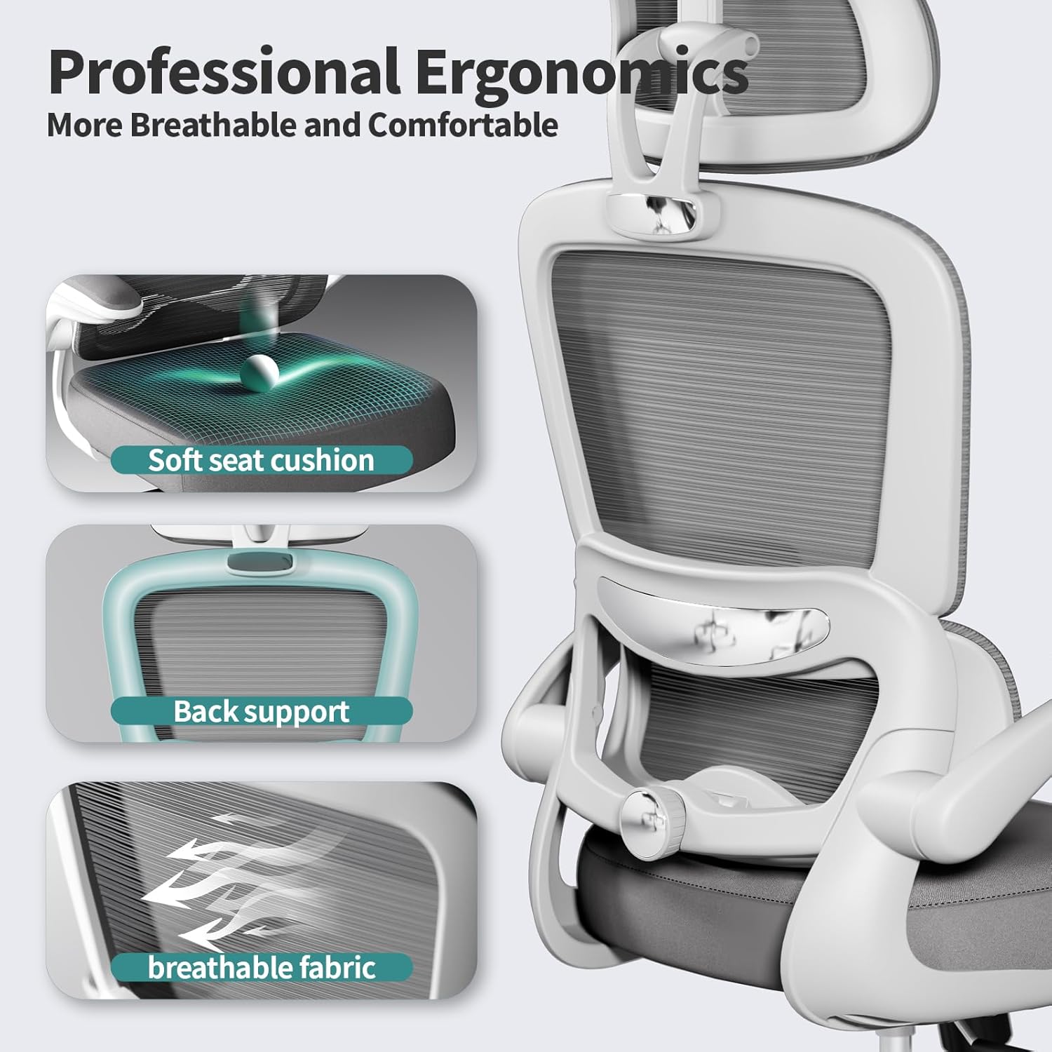 Thumbnail 3 de TRALT Office Chair Ergonomic mesh high-back, 330 lb capacity