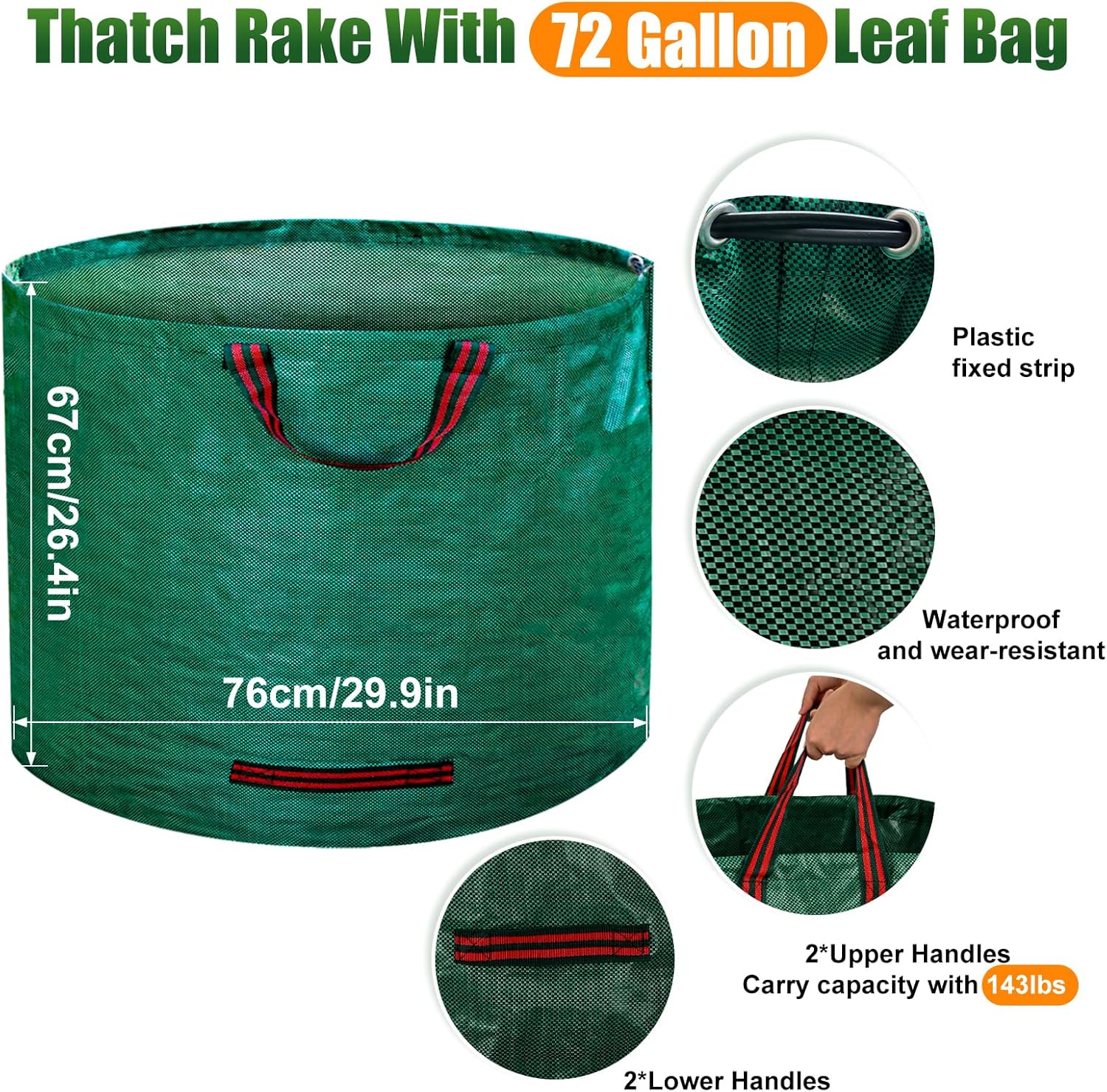 Detalle 2 de Lychee Garden Rake: 15-Inch Thatching Rake with 19-Gallon Bag & Gloves (Green)