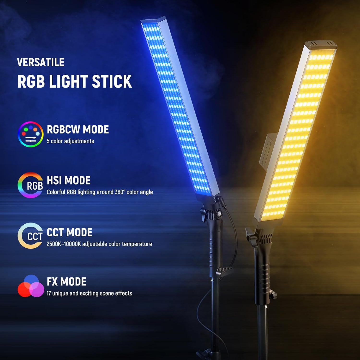 Thumbnail 3 de Neewer Photography RGB Light Stick Kit (BH20C) – 2 Pack LED Tube Lights with Stands, Diffusers, 2500–10000K