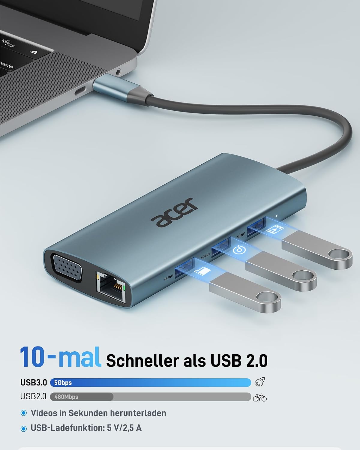 Detalle de Acer USB-C Hub Docking Station 9in1 mit 4K HDMI, VGA, USB 3.0, Gigabit-LAN, SD/ microSD und 100W PD