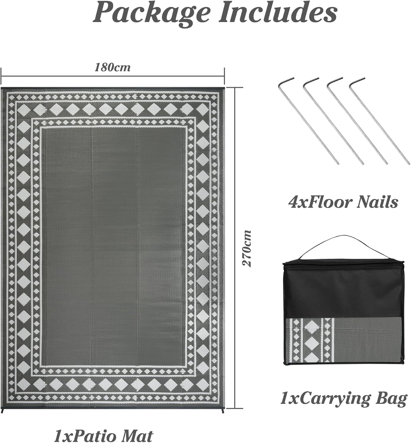 Thumbnail 1 de Homcomodar 180x270cm Waterproof Outdoor Rug (Grey) – Reversible UV-Resistant Plastic Patio Mat