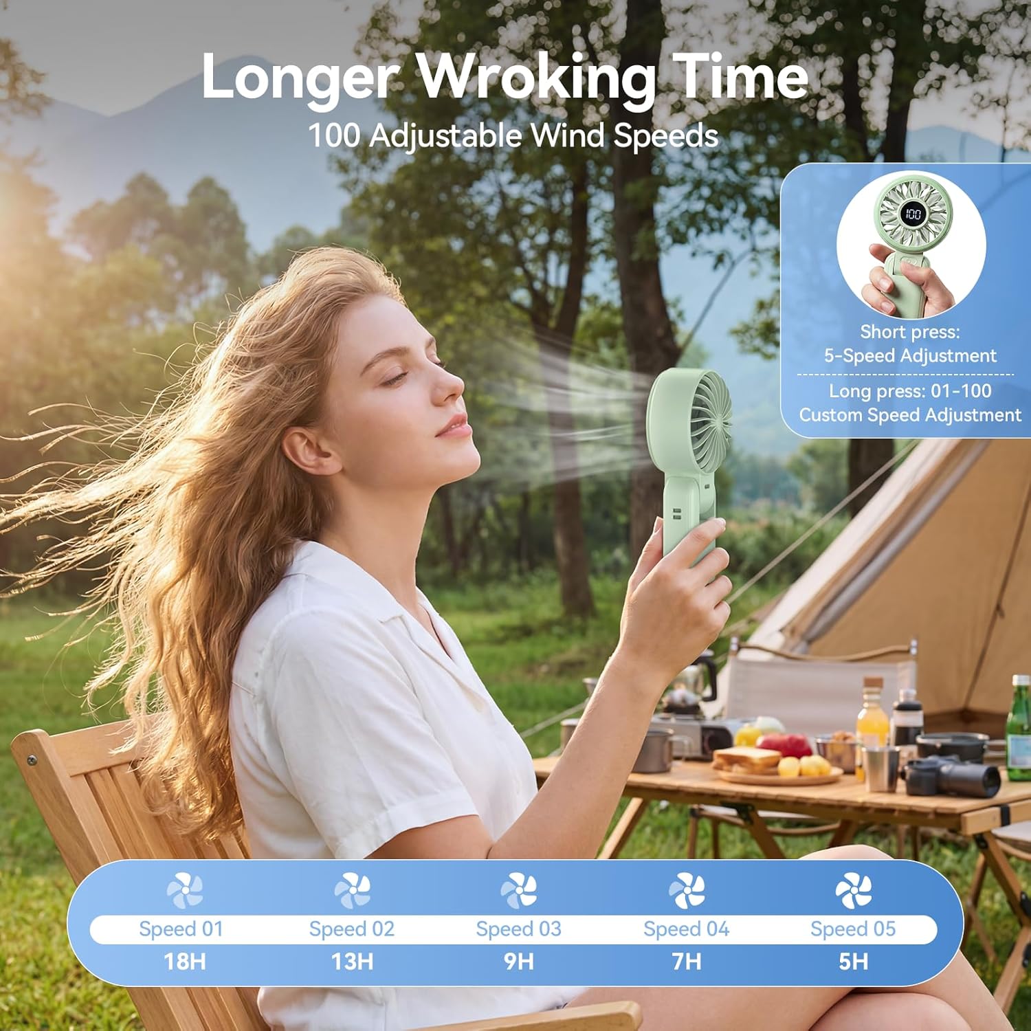 Detalle de TECKNET Handheld Fan with 5000mAh Battery – Portable USB Rechargeable, 150° Foldable, LED Display