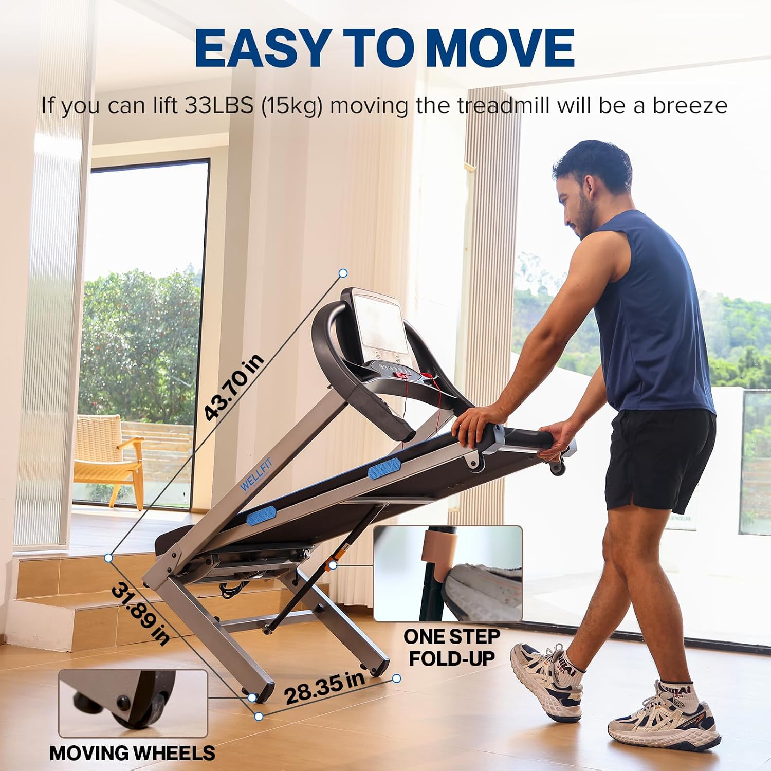 Detalle de WELLFIT TM007 Treadmill, 400-lb Capacity, 15% Auto Incline, 18 x 43 in Deck