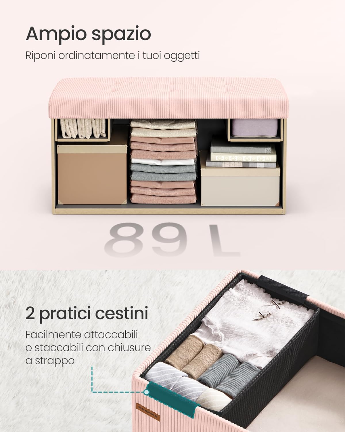 Thumbnail 5 de SONGMICS Panca Contenitore LSF603R01 pieghevole rosa pastello, 38 x 76 x 38 cm