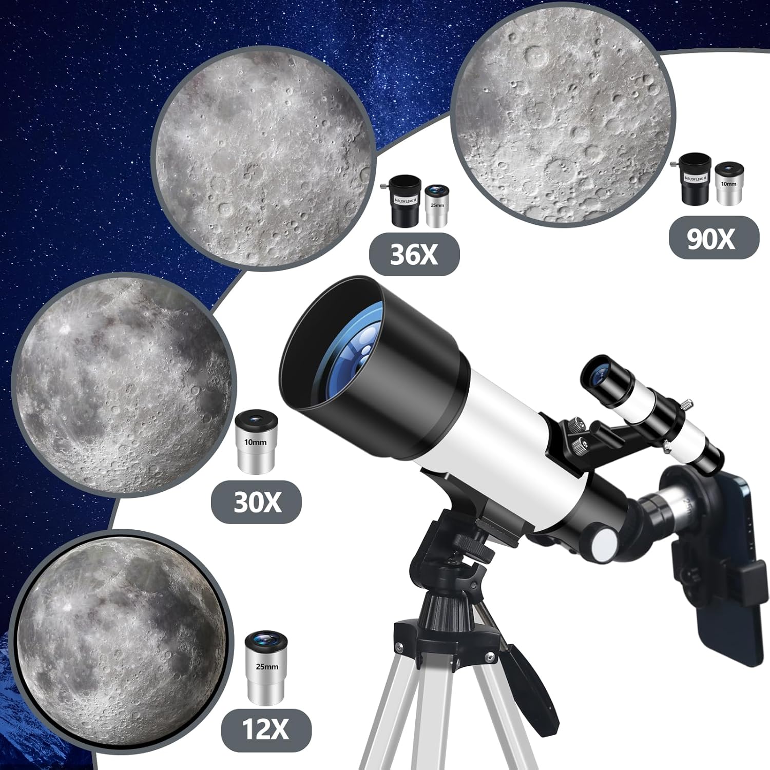 Detalle de Mijiao Teleskop Astronomie: Profi Refraktor 70/400mm für Anfänger, mit Stativ und 5x24 Sucherfernrohr