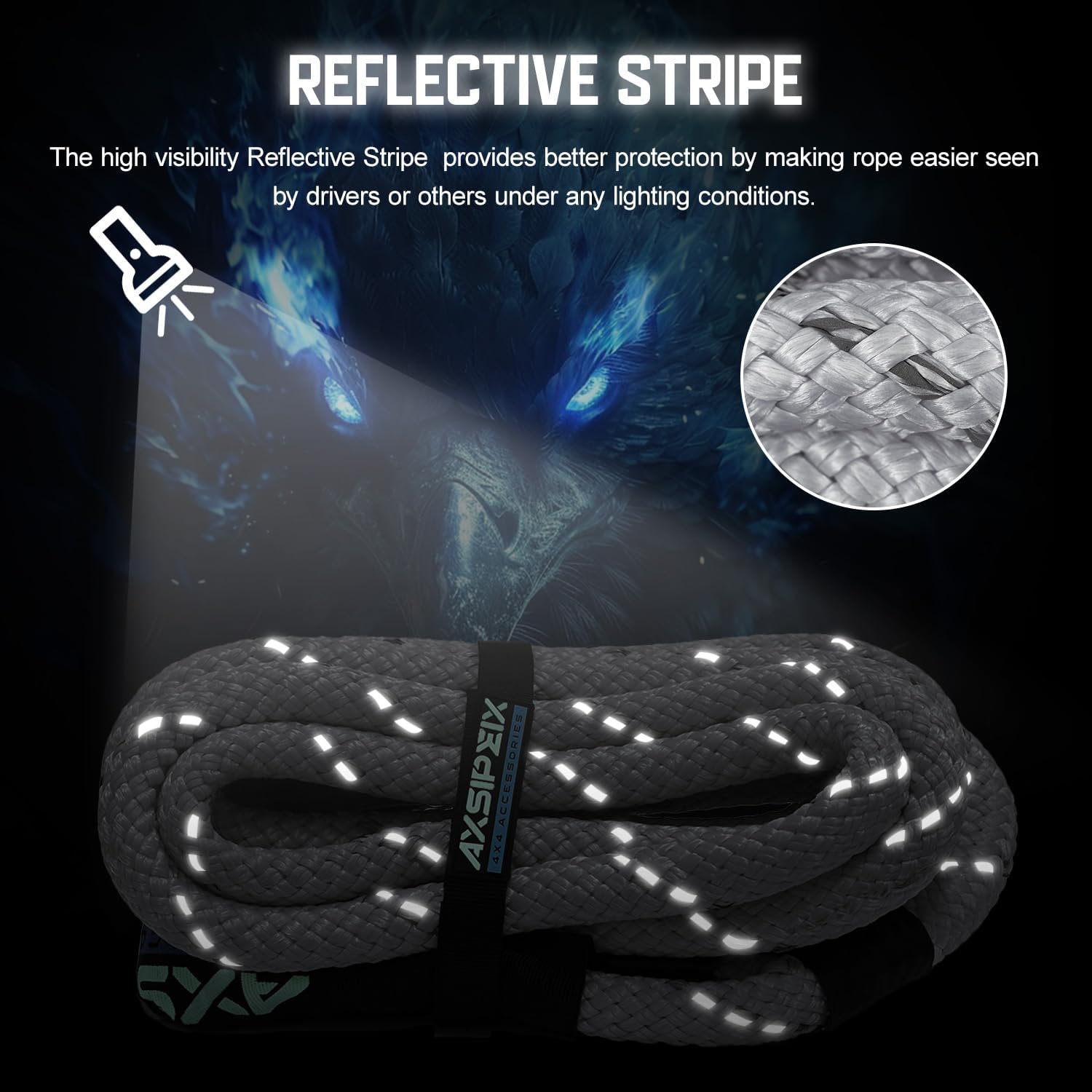 Thumbnail 1 de AXSIPEIX Kinetic Recovery Rope Kit (Reflective), 1in x 30ft with 2 Soft Shackles