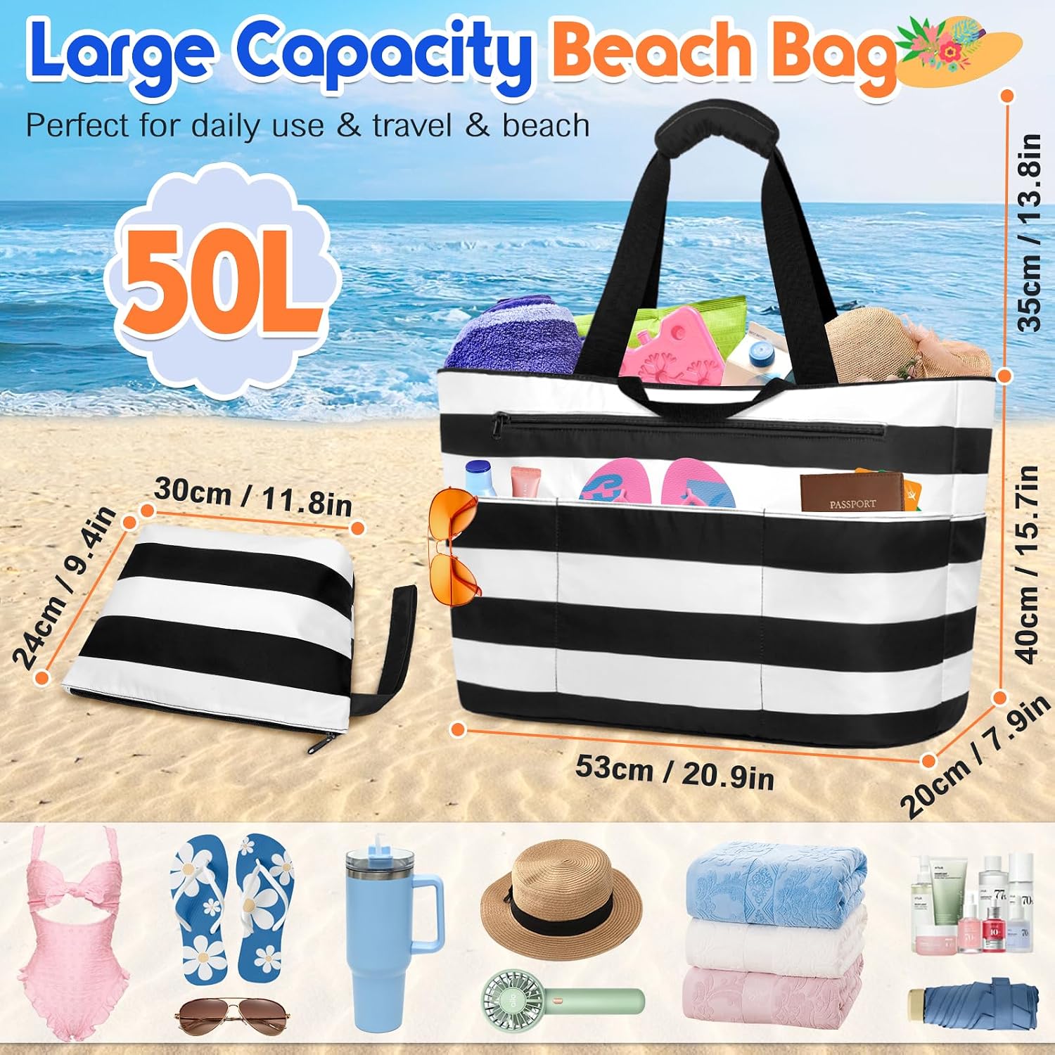 Detalle de BTNEEU Borsa Mare Donna XXL 50L Impermeabile: Tote Mare grande con 14 tasche, resistente e pieghevole