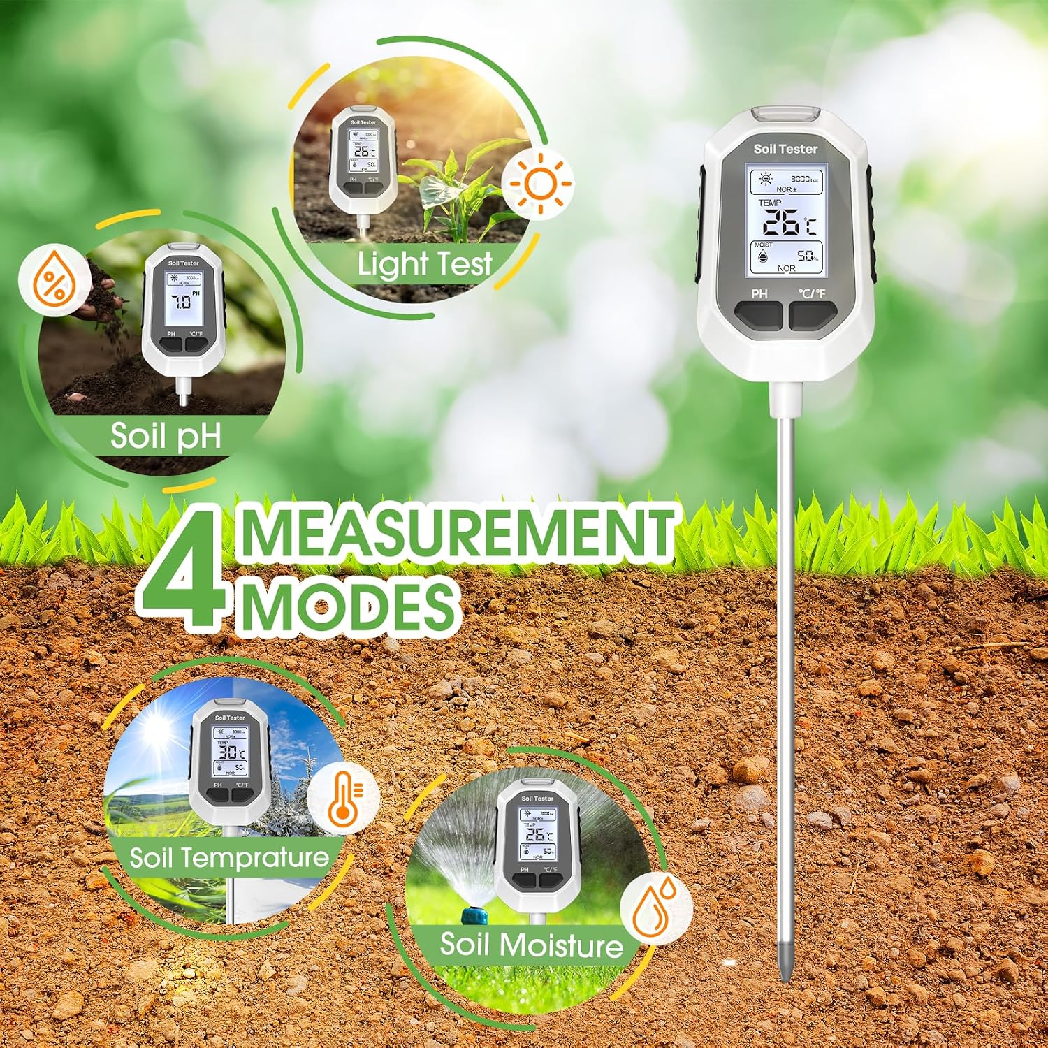 Thumbnail 3 de YAMRON 4-in-1 Soil Moisture Meter (Soil Moisture, pH, Temperature & Sunlight Intensity) with Backlit LCD