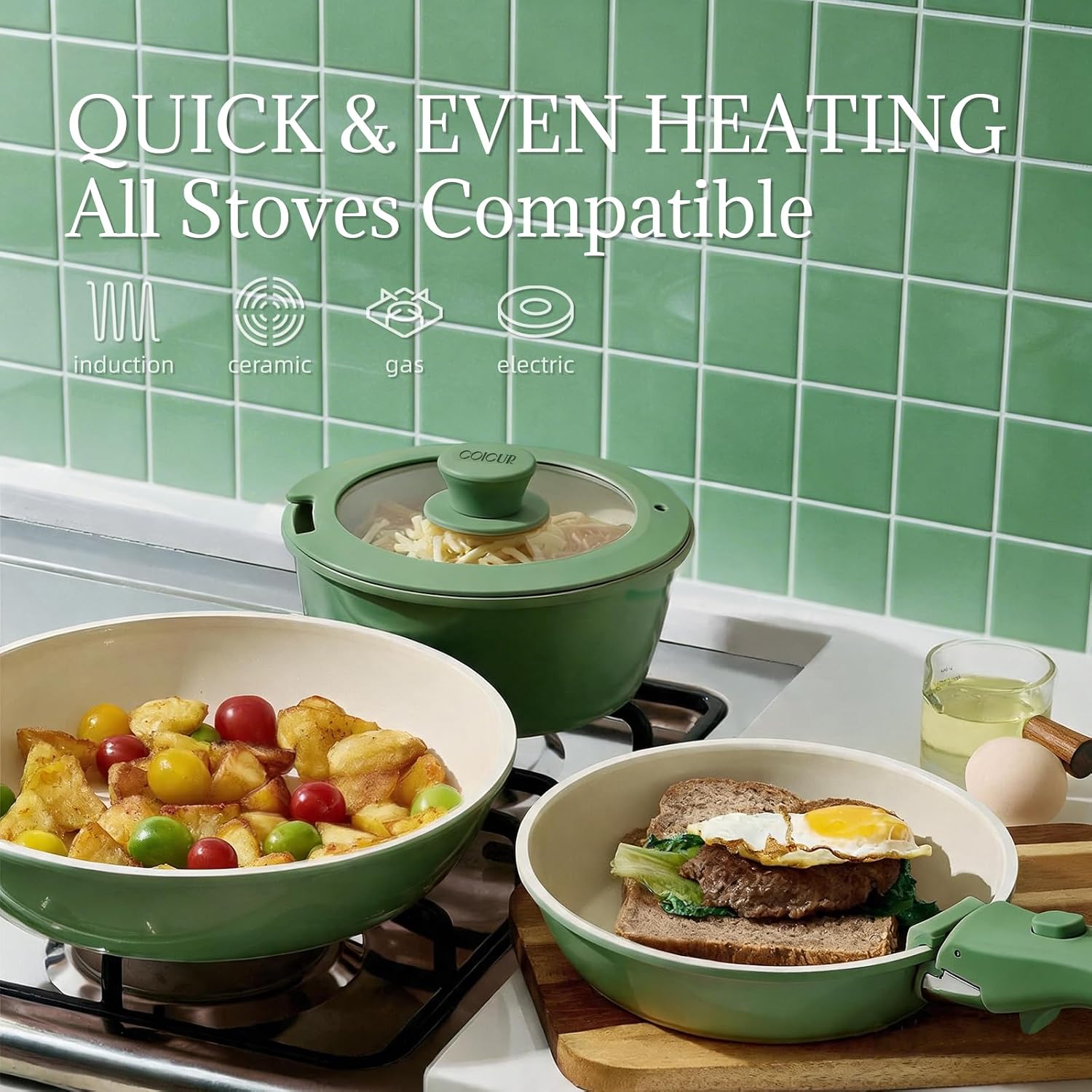 Detalle 1 de Coicur COICUR8PCS 8-Piece Ceramic Cookware Set, Removable Handle, Forest Green