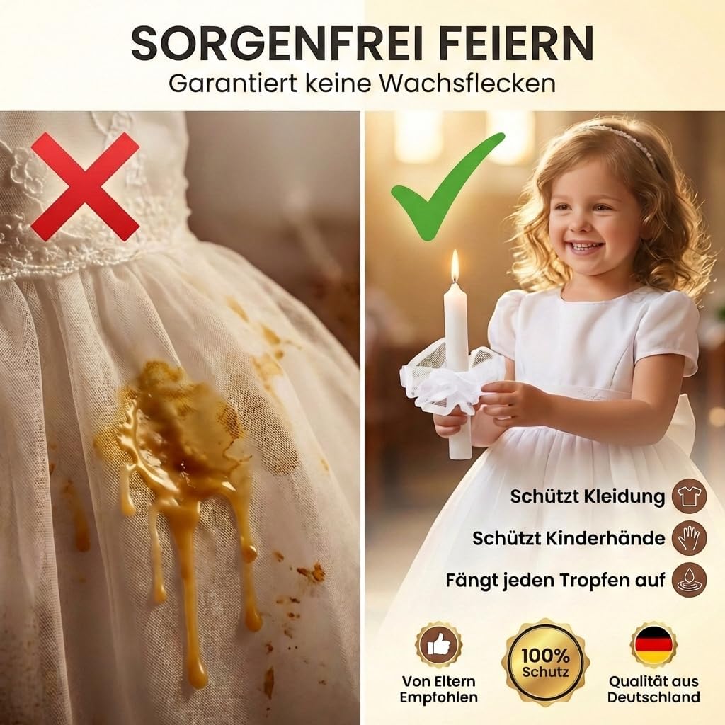 Detalle 2 de ELBKAISER Tropfschutz für Kommunionkerze & Taufkerze aus Tüll – weißer Wachsschutz (Handarbeit) für Ø 2–4 cm