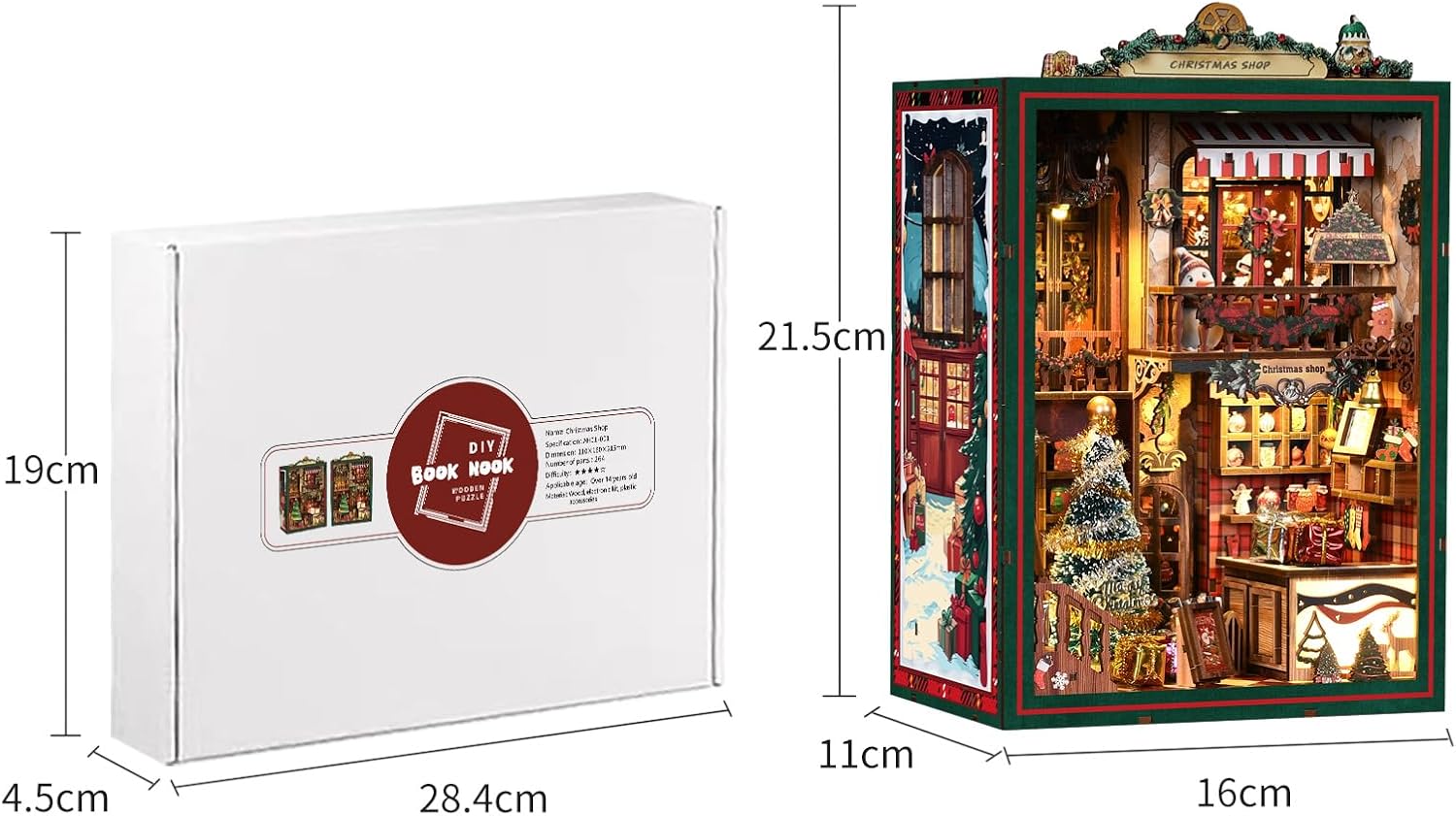Detalle de BATTREVO julbutik – bokhörna i trä med musikbox och LED-ljus, skala 1:24