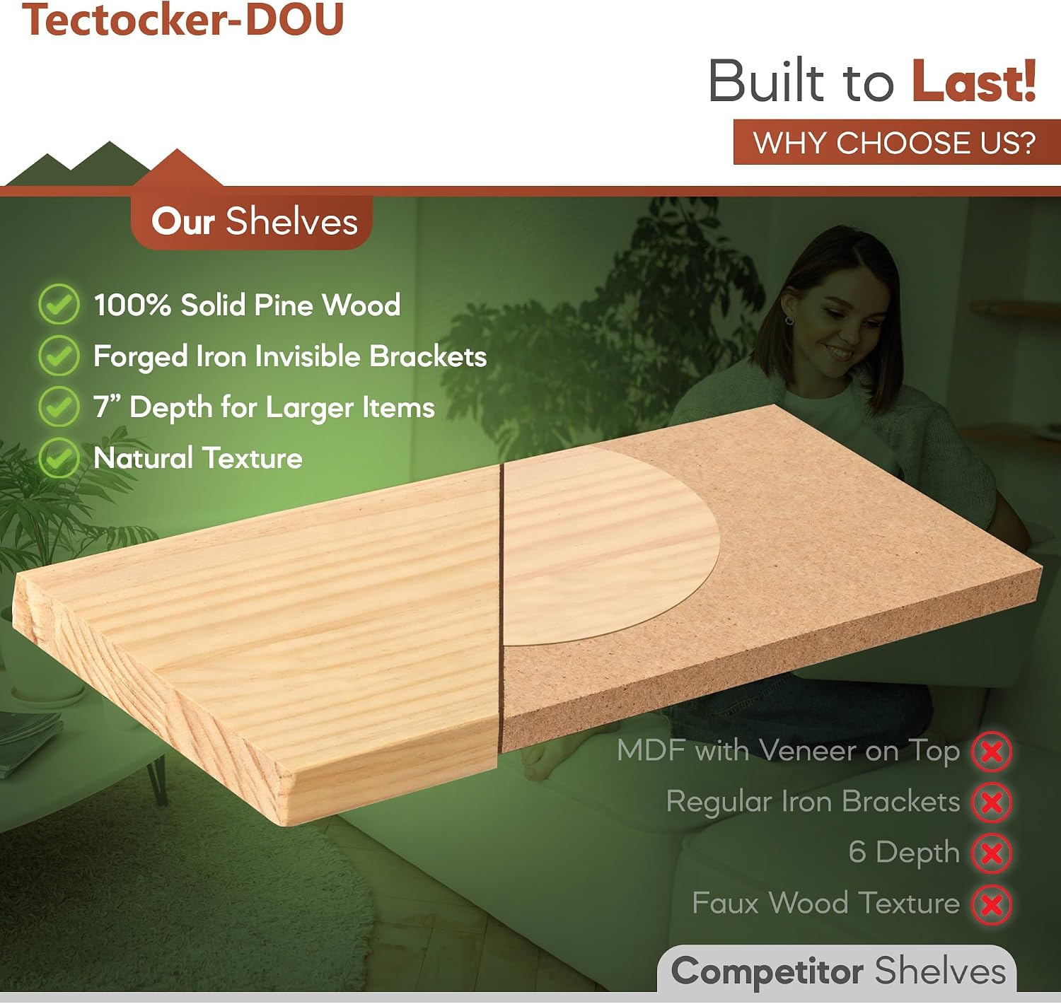 Detalle de 24-Inch Pine Floating Shelves, Set of 2, with Hidden Brackets