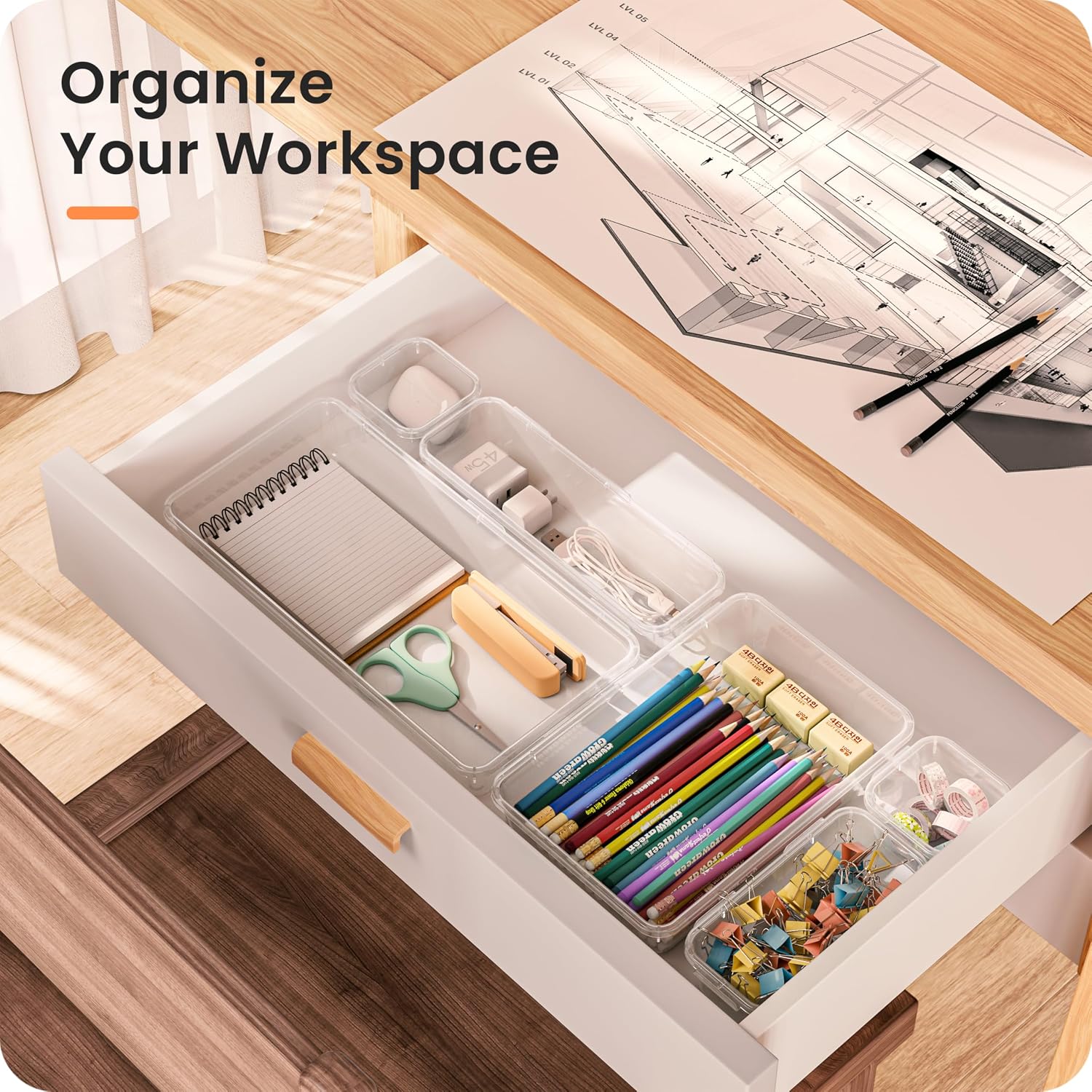 Detalle de A-LuGei Military Grade Drawer Organisers – 28-Piece Clear Set (Five Sizes) for Makeup, Bathroom, Office and More