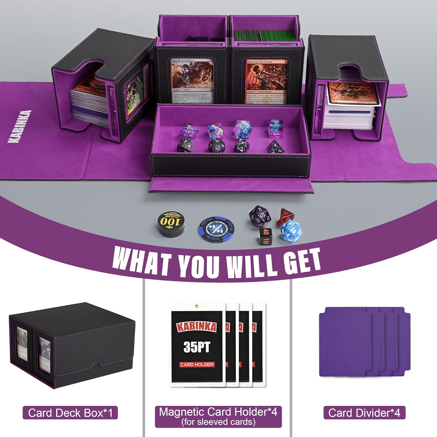 Thumbnail 4 de Kabinka Card Deck Box for MTG Commander (4 Magnetic Card Cases + Dice Tray) — Holds 400+ Double-Sleeved Cards, Black/Purple
