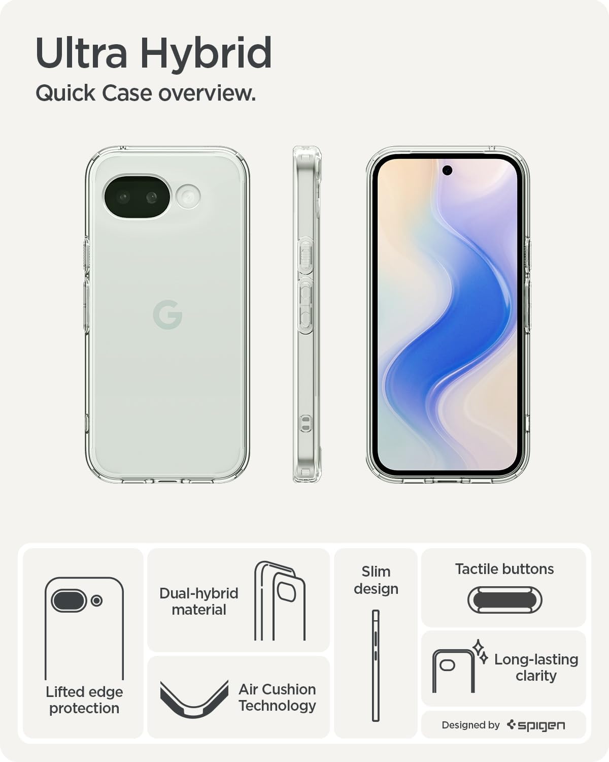 Detalle de Spigen Cover Ultra Hybrid per Google Pixel 10a (trasparente) con tecnologia Air Cushion