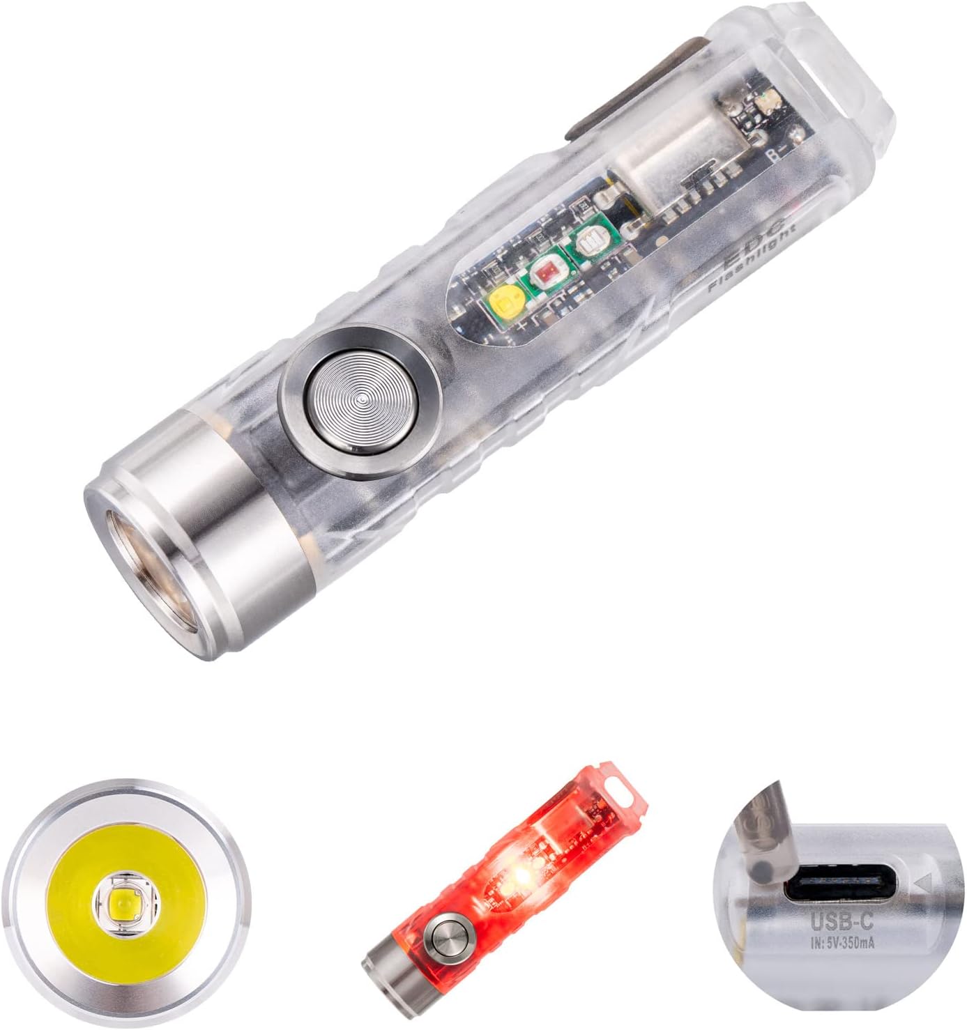 Detalle de RovyVon Aurora A7 G4 7075 USB-C Rechargeable Keyring Torch (650 lumens) – White with 365nm side lights