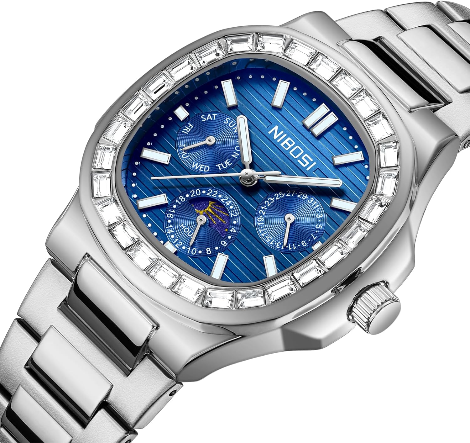 Detalle de NIBOSI Herren Analoge Quarzuhr mit Chronograph, Mondphase und Diamantlünette – Edelstahl, Roségold/Silber