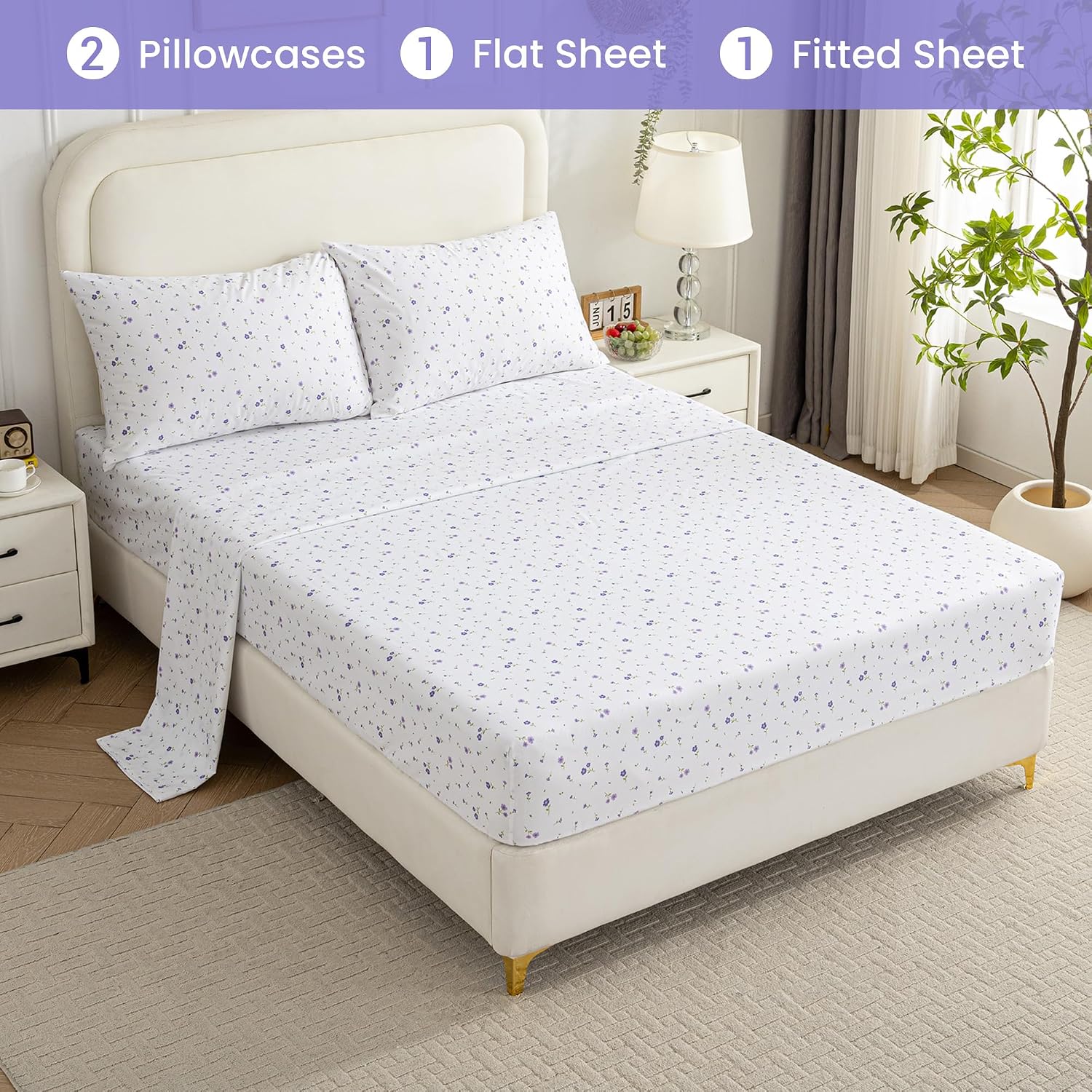 Thumbnail 6 de Softan Floral Queen Sheet Set (Purple Flower) — Microfiber 4-Piece Bedding Set with 15" Deep Pocket