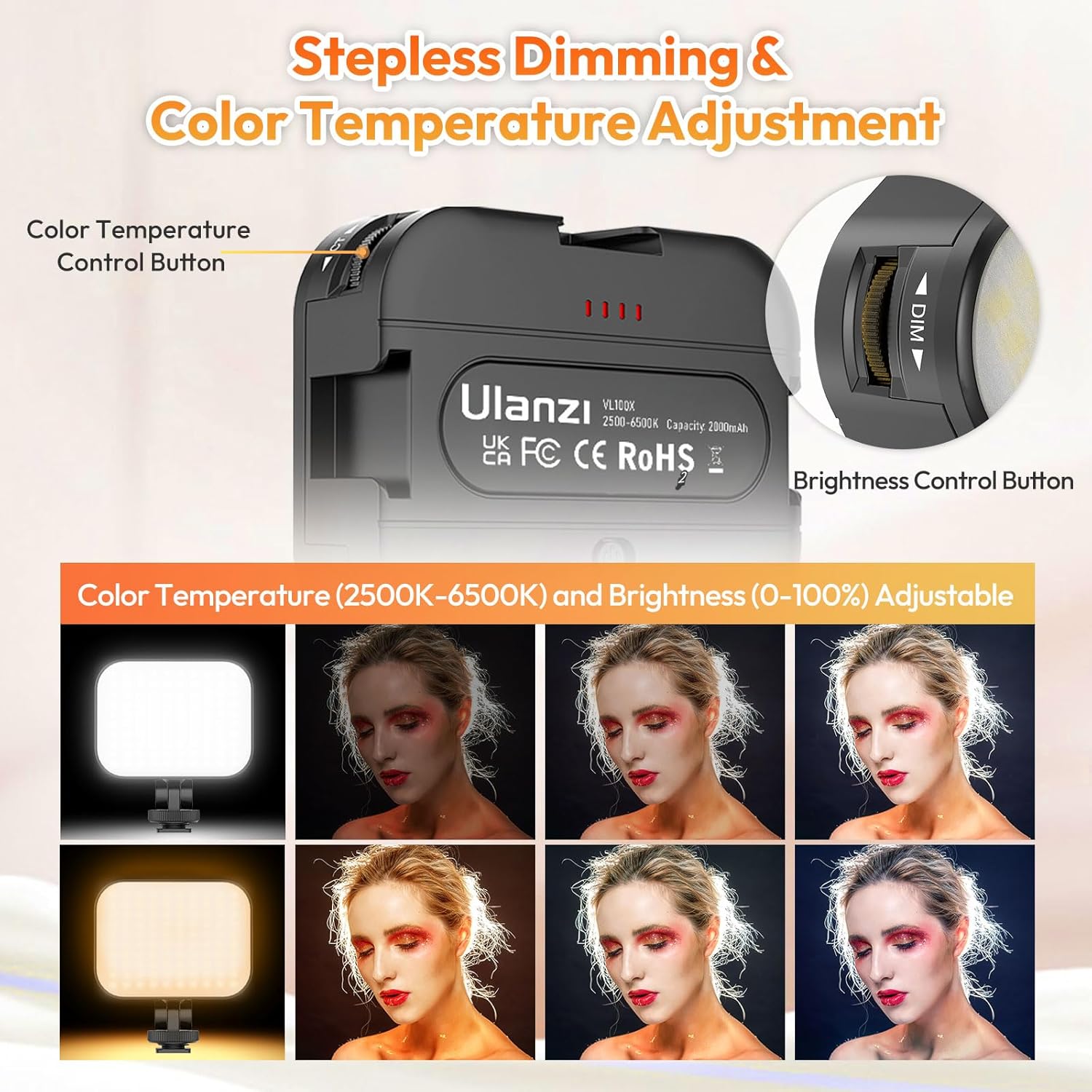 Thumbnail 1 de ULANZI VL100X Bi-Colour Selfie Light with 95+ CRI LEDs, 2500K–6500K and dimming