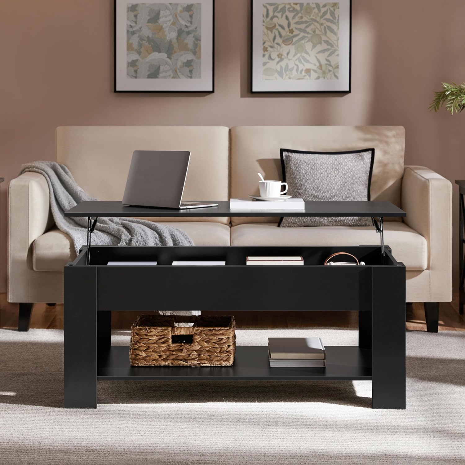 Detalle 2 de Yaheetech Tavolino Sollevabile da Salotto con Ripiano Tavolino da Caffè con Portariviste – Nero, 120 x 60 x 49,5–62,5 cm