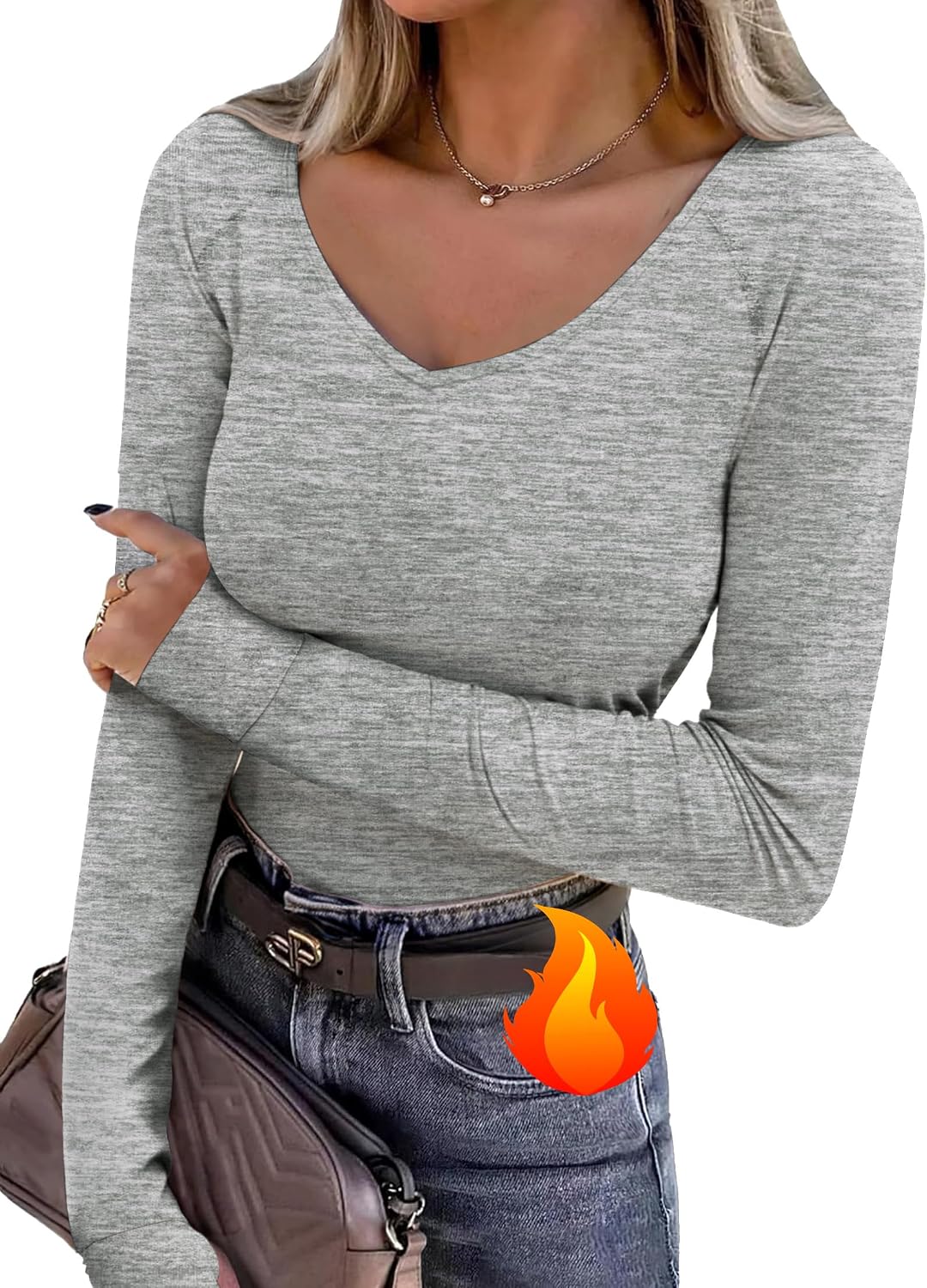 Detalle de Wayleb maglia termica da donna con interno in pile e scollo a V – calda, versatile e comoda
