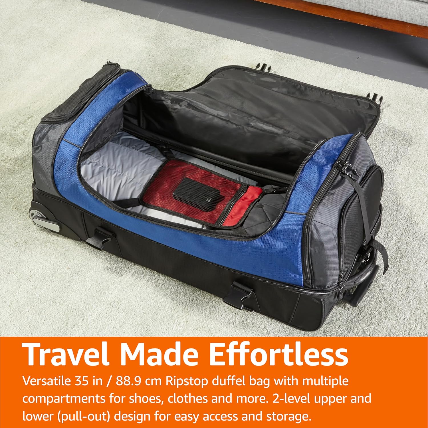 Detalle de Amazon Basics Rolling Travel Duffel Bag, 137L – Lightweight, Durable and Practical for Travel