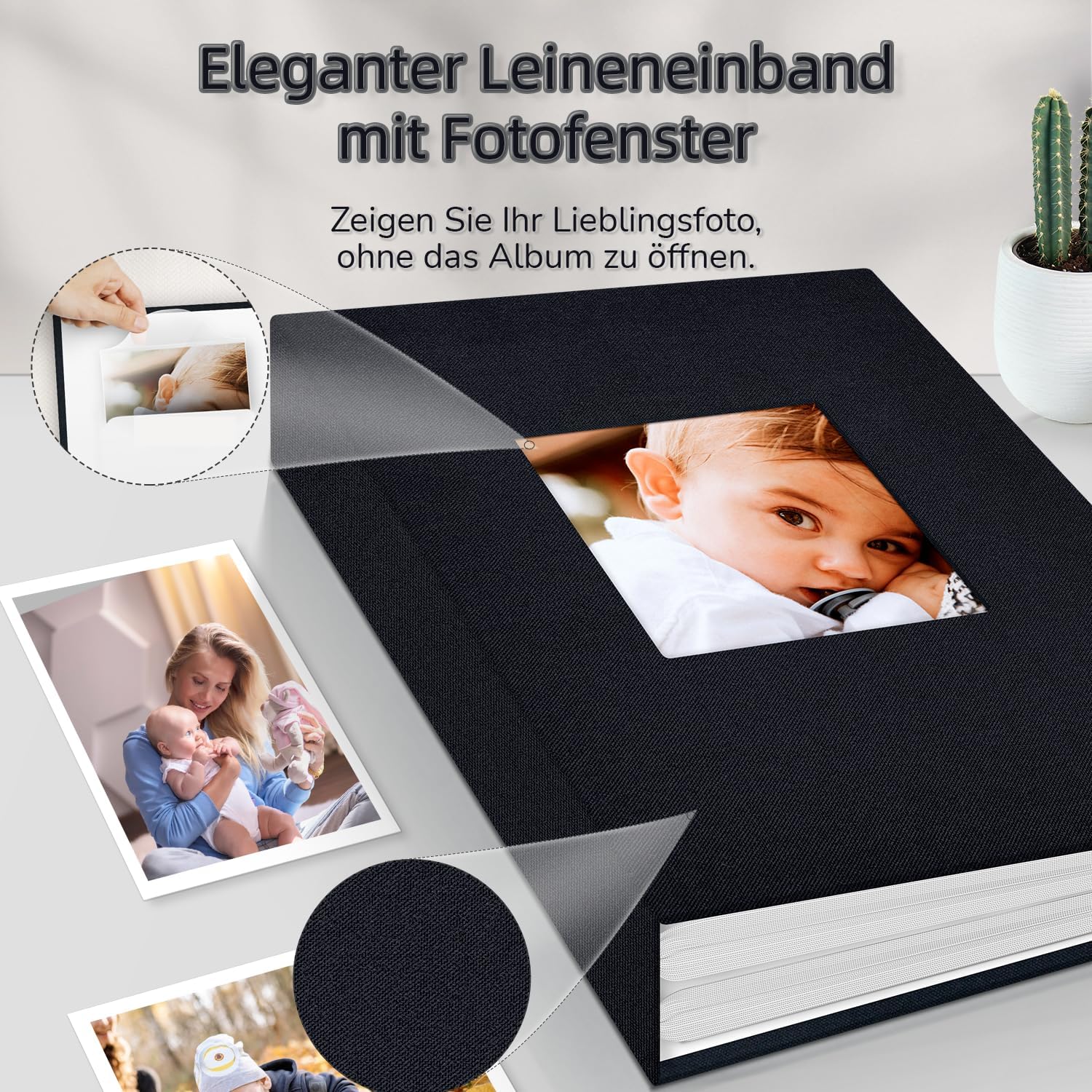 Detalle de Popotop Fotoalbum 10 x 15 cm – Leinen Einsteckalbum für 100–600 Fotos (Black)