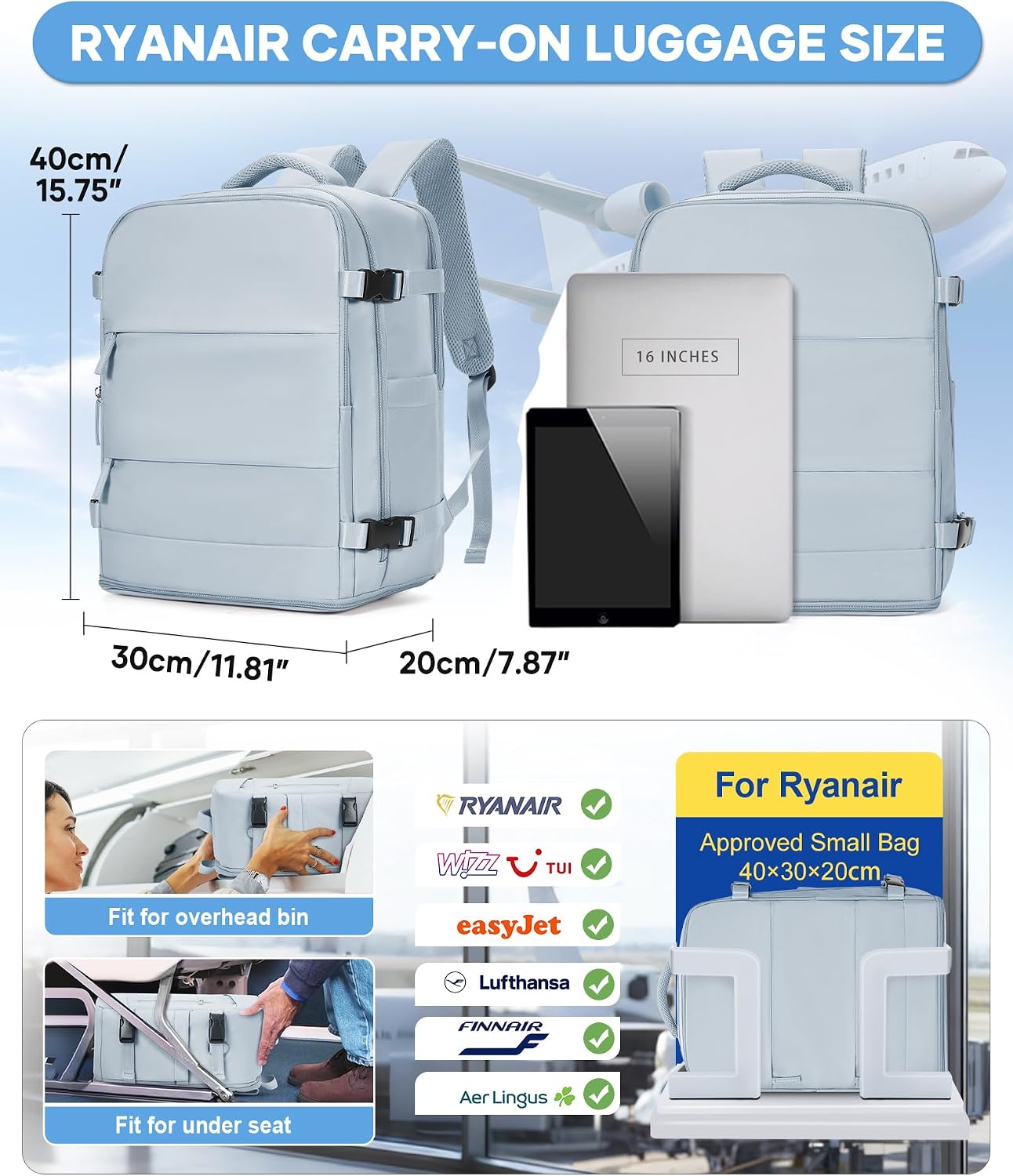 Detalle de BJLFS Zaino Ryanair 40x30x20 Sottovuoto con pompa – Bagaglio a mano impermeabile, compatto e versatile