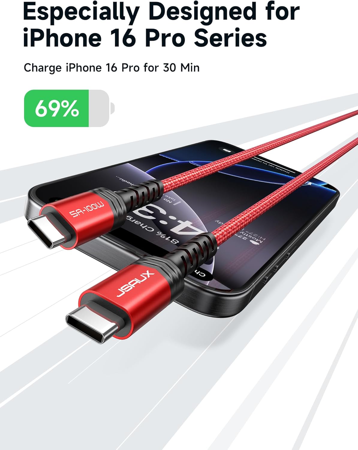 Thumbnail 1 de JSAUX 100W USB-C to USB-C Cable 2-Pack (6.6 ft, Red) — Fast Charge for iPhone 17 and More
