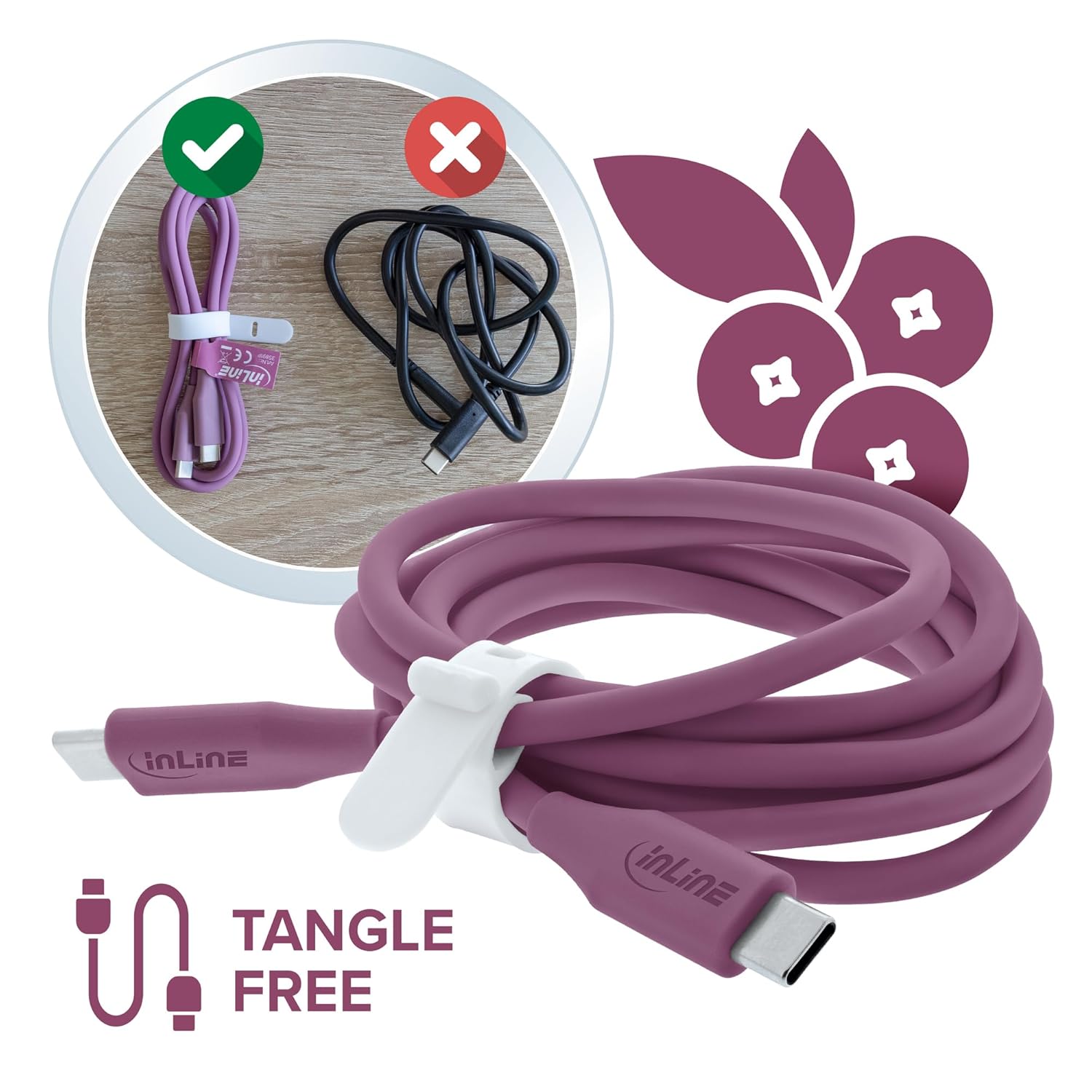 Thumbnail 2 de InLine Colour your Charge USB‑C Kabel 100W (PD) – Silikon, beidseitig USB‑C, 2 m, Wild Berry (35892P)
