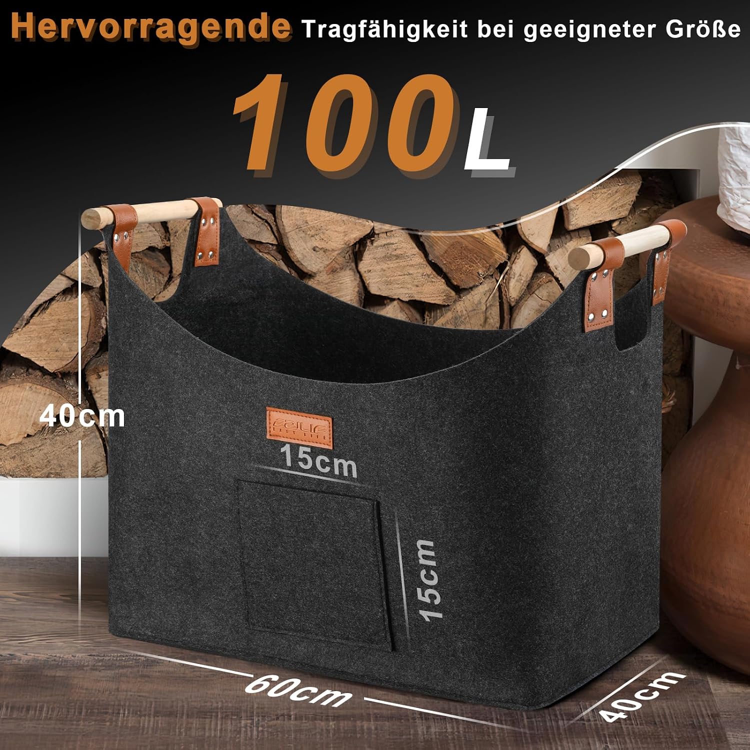 Detalle 2 de Ezilif XXL-haardhoutmand van vilt, 100 liter, opvouwbaar met voorvak